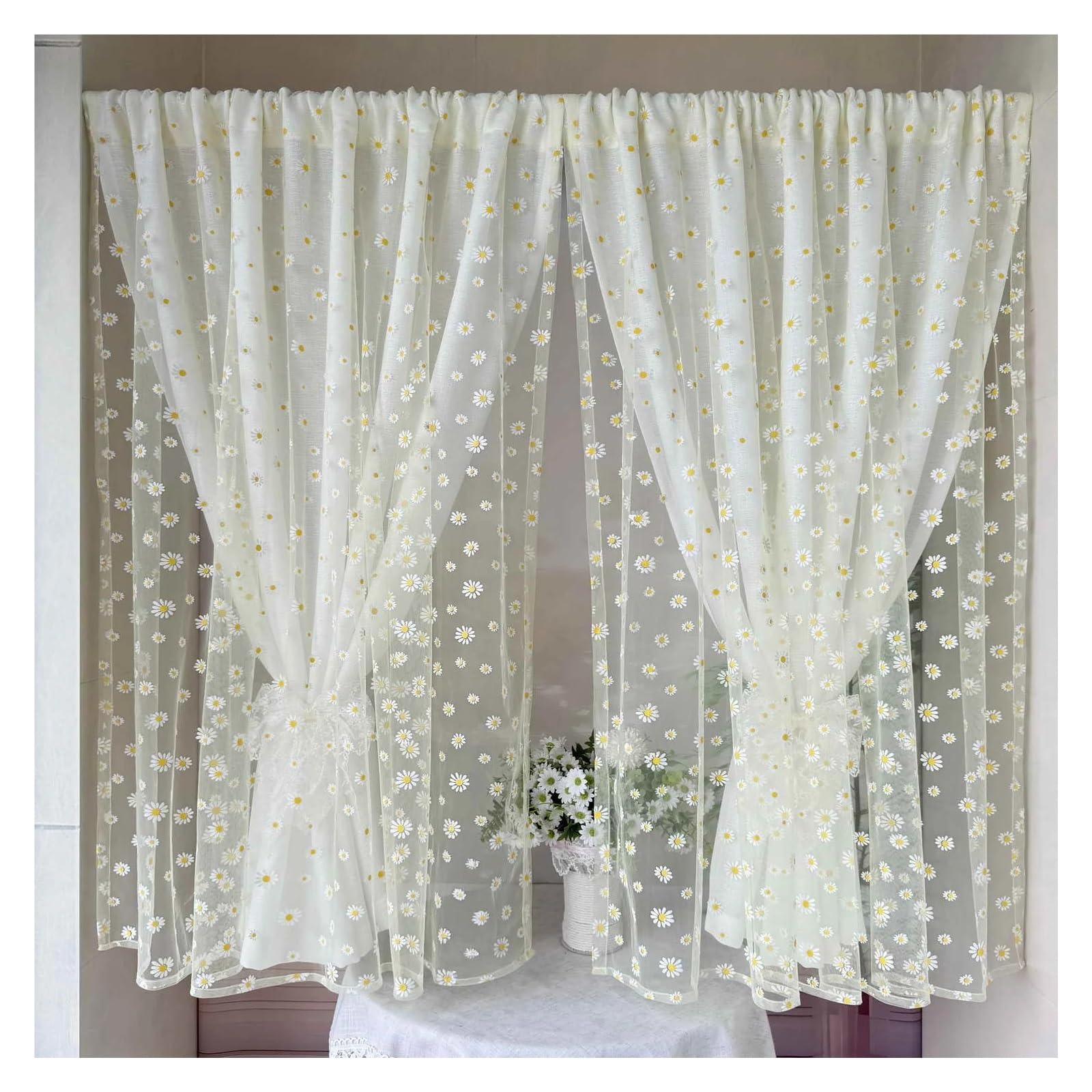 Rideau semi-ombrage double couche marguerites jaunes et gaze blanche W140xH180cm