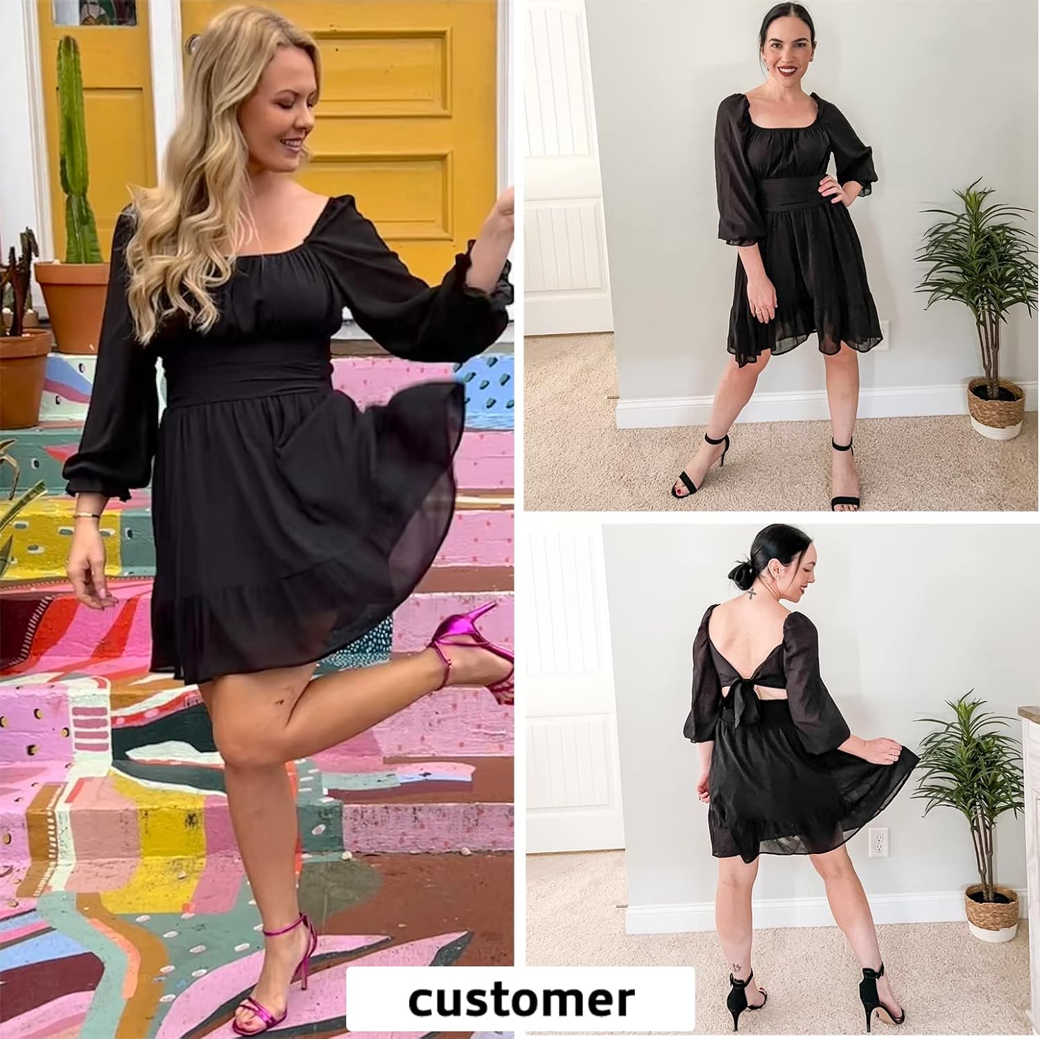 EXLURA Women's 2026 Casual Long Lantern Sleeve Dresses Square Neck Ruffle Tie Back Elastic Waist Aline Short Mini Dress - Image 4