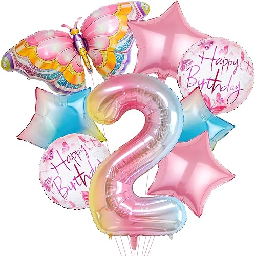 8 globos de mariposa rosa degradado, globo de aluminio de mariposa Mylar para decoraciones de 2 cumpleaños, suministros de fiesta de mariposa rosa