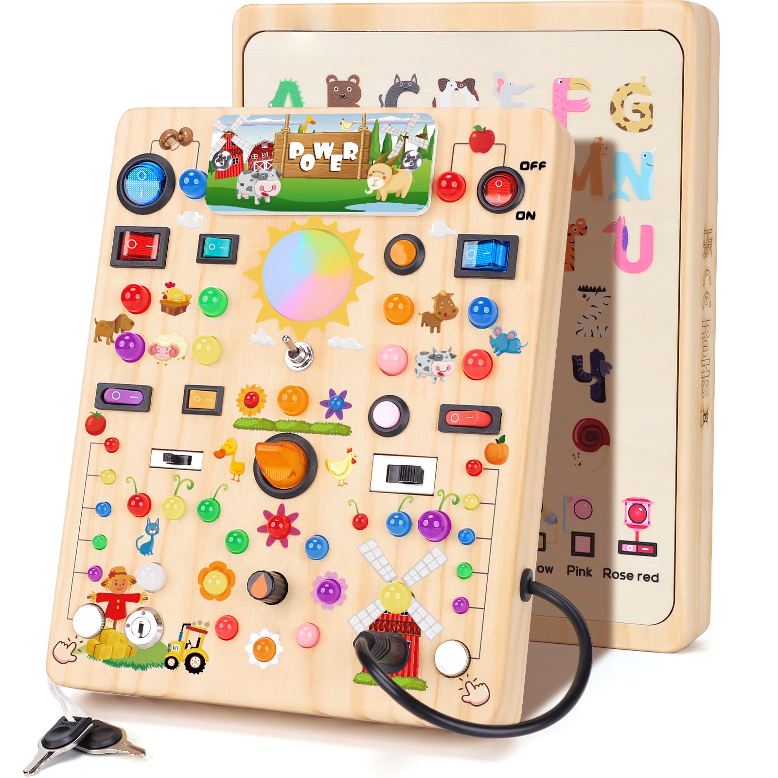 Montessori Giocattolo Busy Board a partire da 1 anno Activity Board in legno fattoria | Giocattolo per abilità motorie con 19 interruttori, 40 luci LED, giocattolo per bambini, regalo per ragazzi e ragazze