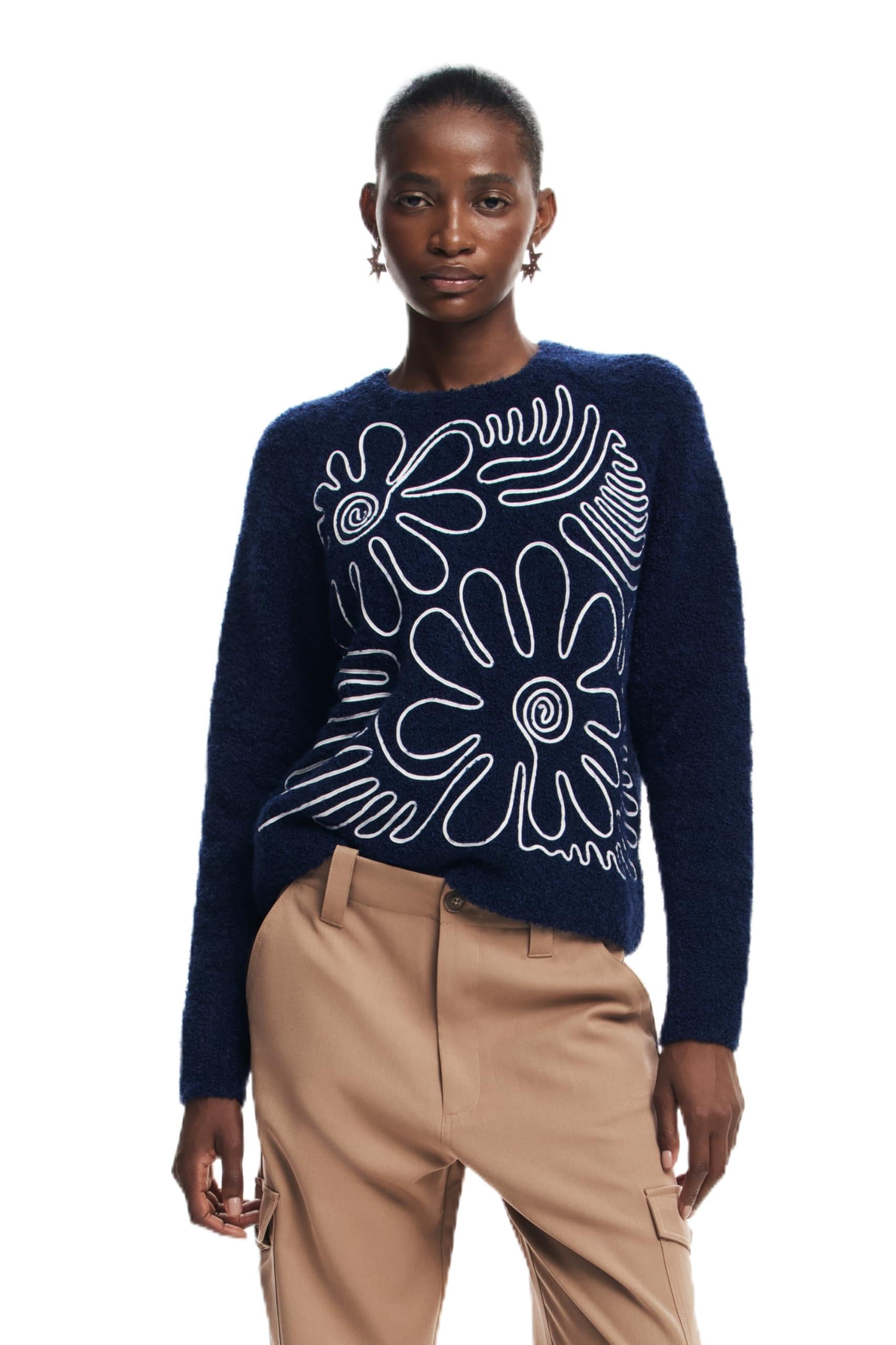 Desigual Women's Woman Flat Knit Thick Gauge Pullover Sweater, Blue, S