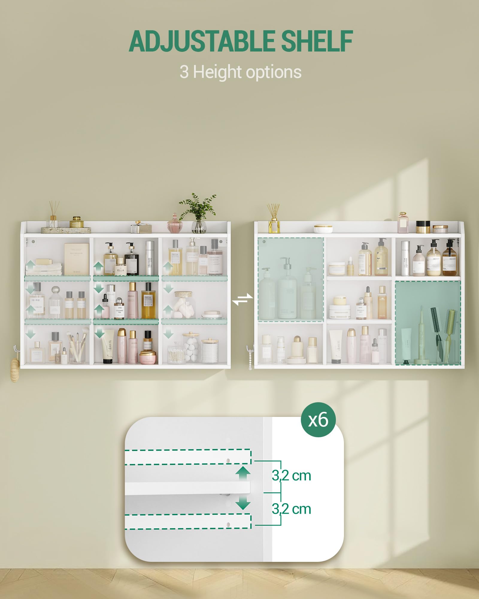Hzuaneri Mobiletto Bagno Sospeso, Mobile Bagno Sospeso con Ripiani Regolabili, Dotato di Ante Scorrevoli e Scomparti Aperti, Adatto per Bagno, Cucina e Lavanderi, 20 x 90 x 60 cm, Bianco BC40203X