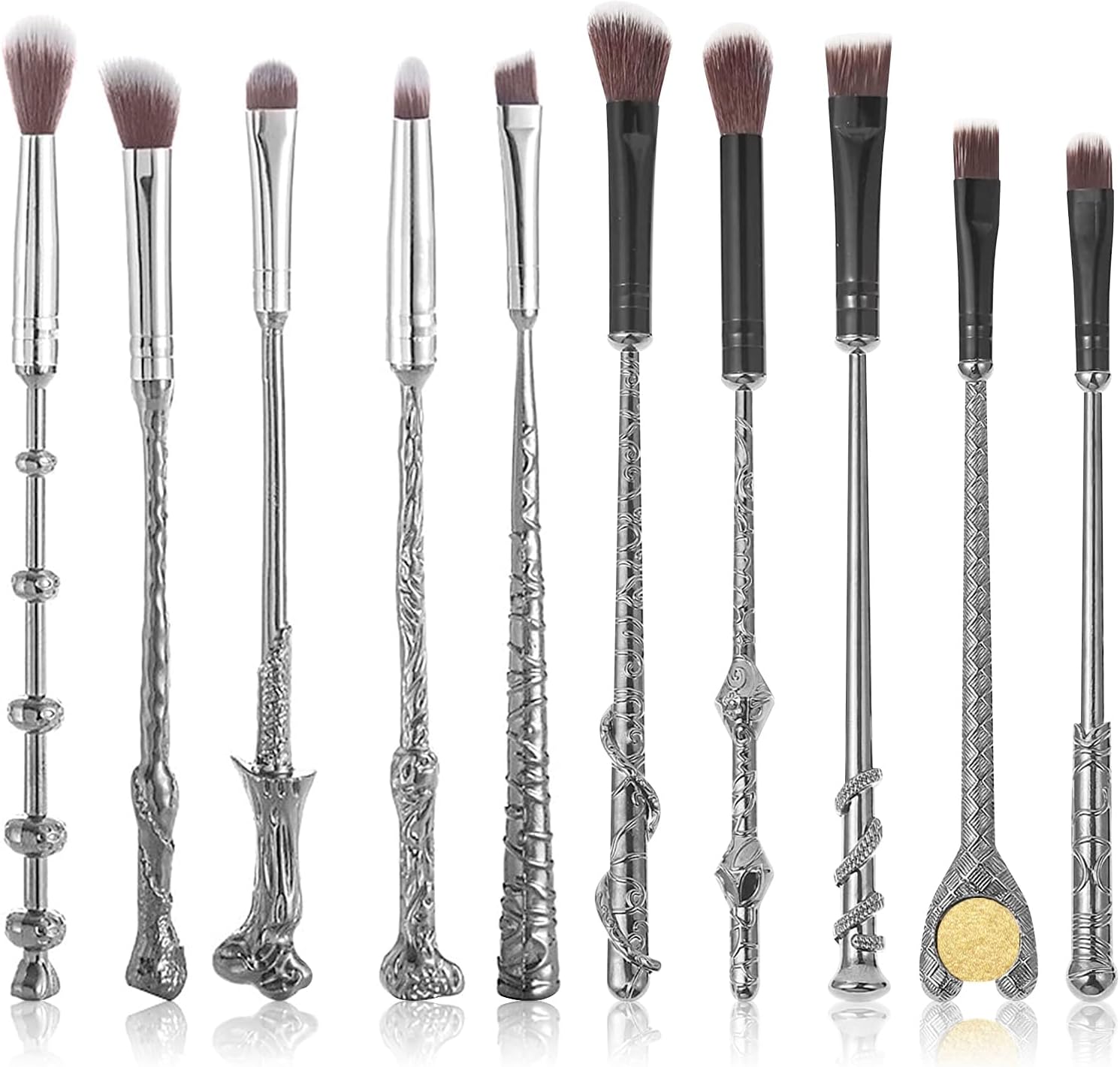 [10 PCS] Makeup Brush Set Metal, Silver Handle Wizard Wand for Foundation Blush, Eyeshadow, Face Concealer, Eyeliner Contour, Powder Liquid Eye, Anime Gift for Girls Women