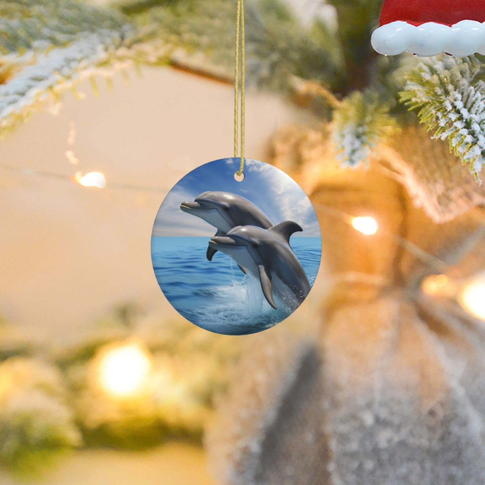 2025 Christmas Tree Decoration Hanging Round Ornament Two Dolphins Ceramic Ornaments Christmas Tree Decorations Round Pendants for Xmas Tree Winter New Year Party Supplies