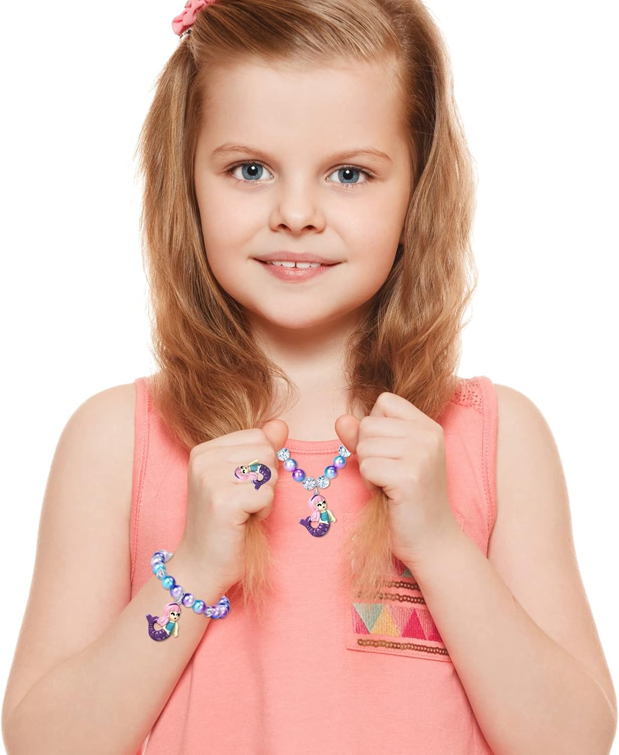 Girls Mermaid Necklace, Bracelet, Ring Set - Dress Up Pretend Play Jewelry Gifts for Kids & Toddlers - Mermaid Party Costume Supplies - Image 6