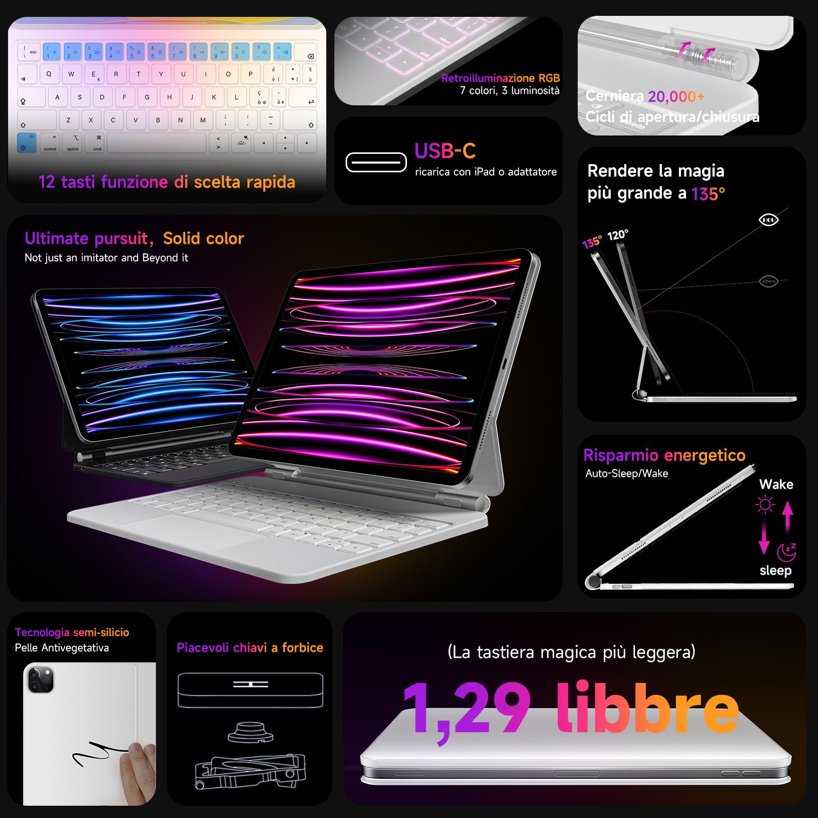 HOU tastiera per iPad Air 11"(M2 2024/M3 2025)/Air 5th/Air 4th generazione iPad Pro 11" (4a/3a/2a/1a) generazione,design magnetico galleggiante,trackpad e tastiera Disposizione italiana,bianco