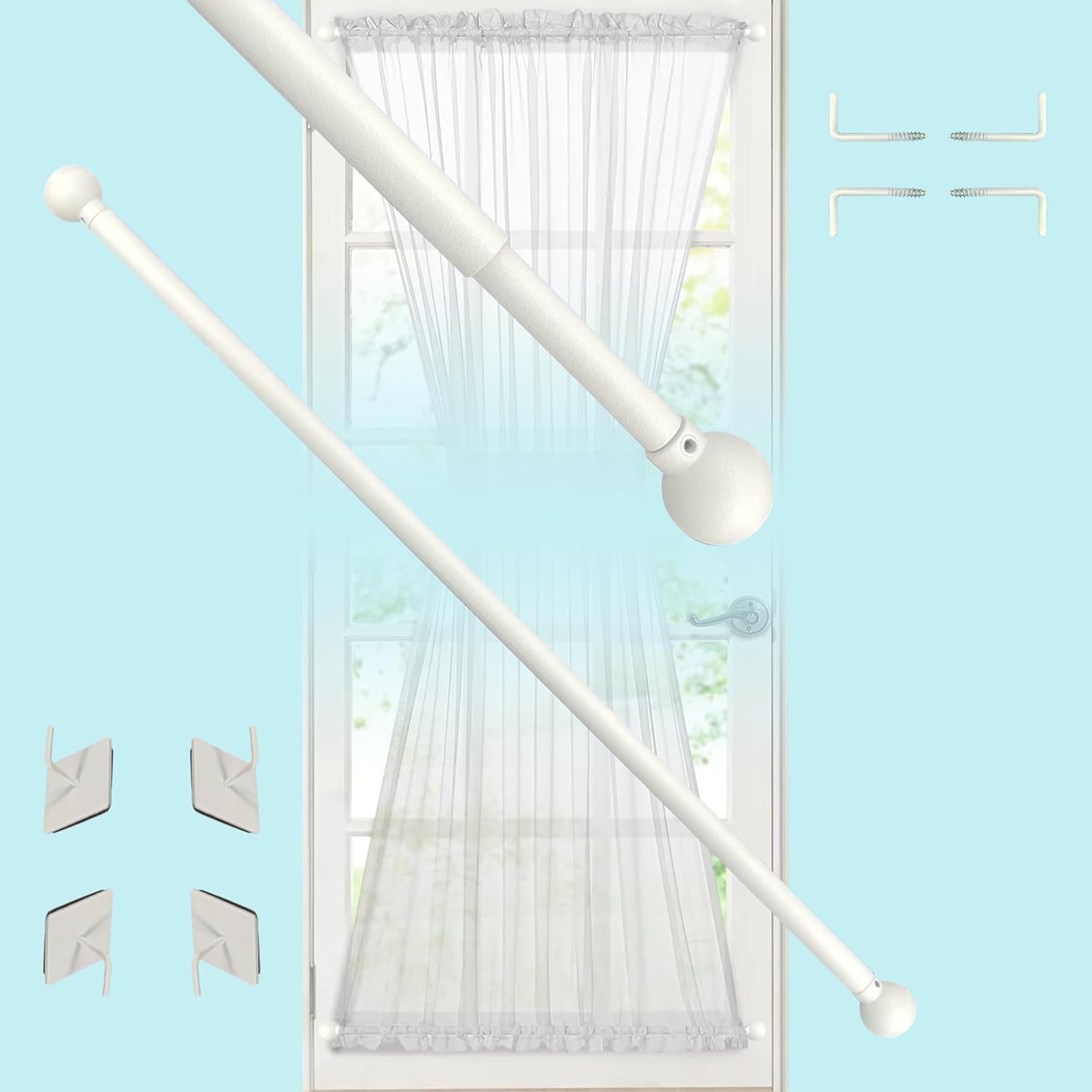 Sash Curtain Rod, Adjustable 16-28 Inch, 3/8 In. Diameter, 2 Pack Adhesive & Screwed, Kitchen Curtain Rods (White) Matte White