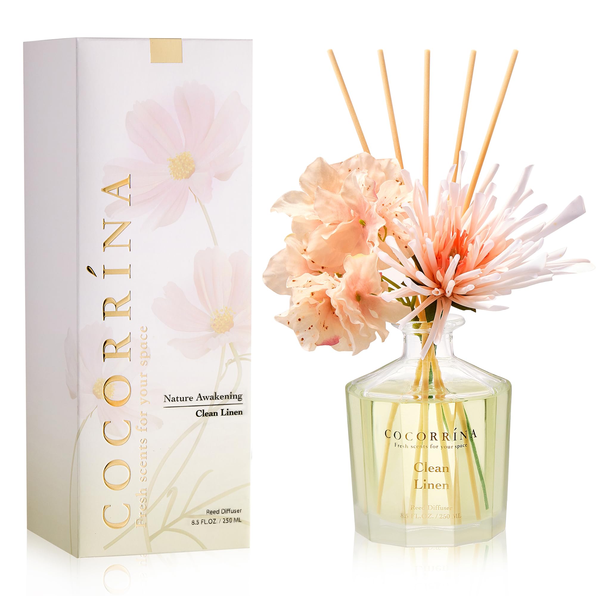 COCORRÍNA Reed Diffuser - Pure Linen 250ml Diffuser Set of 8 Sticks, Home Fragrance Reed Diffuser for Home Bedroom Office Bathroom Shelf Decor (Mast Collection)