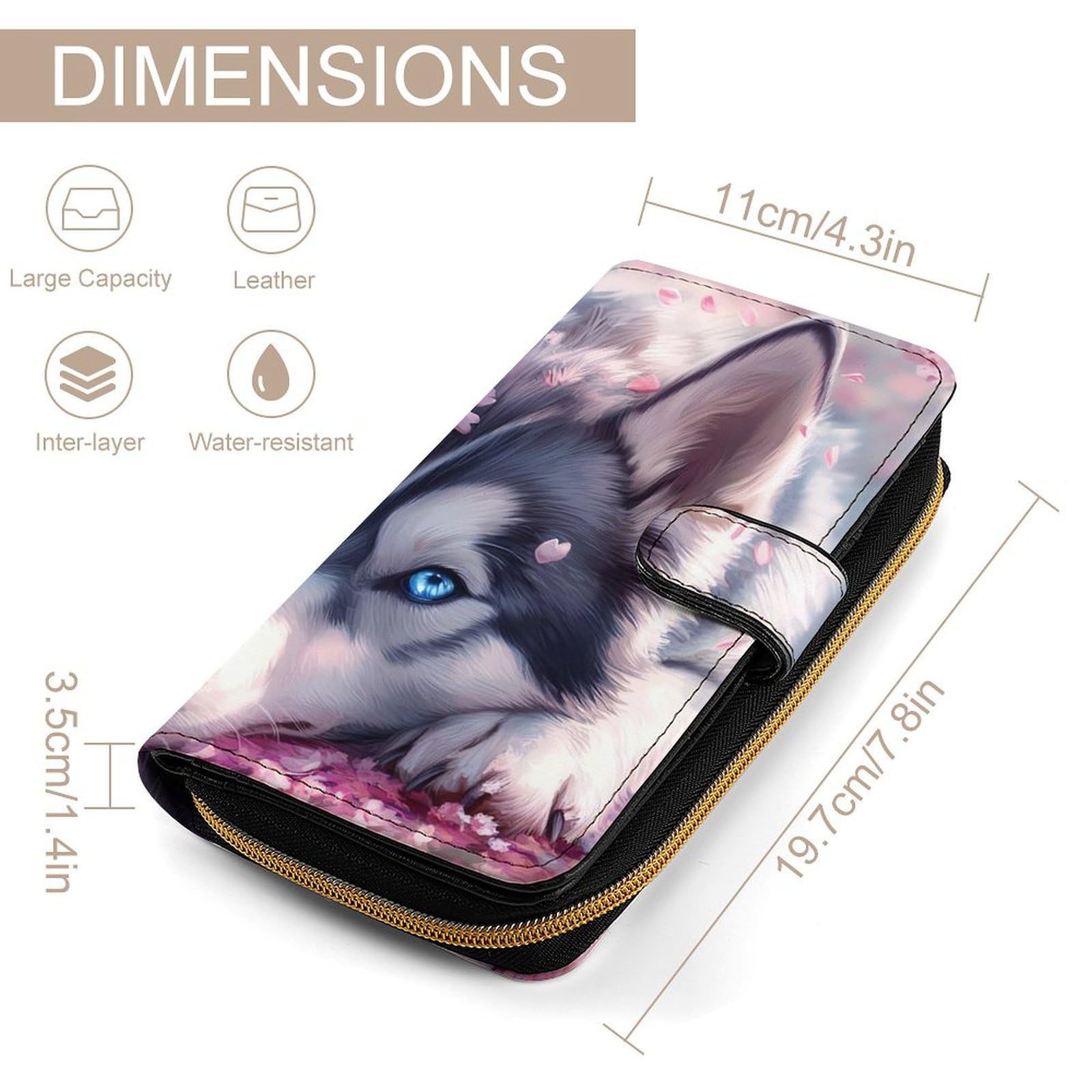 Cute Dog Husky Long Wallet PU Leather Credit Card Holder Durable Zippered Purse Clutch Wallet