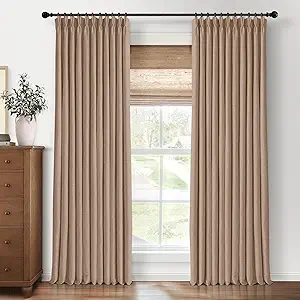 Pinch Pleated Blackout Curtains 108 Inches Long, Linen Blend, 100% Blackout Drapes with 20 Hooks, Ideal for Bedroom and Living Room, 40" W x 108" L (Pack of 2), Tawny Brown
