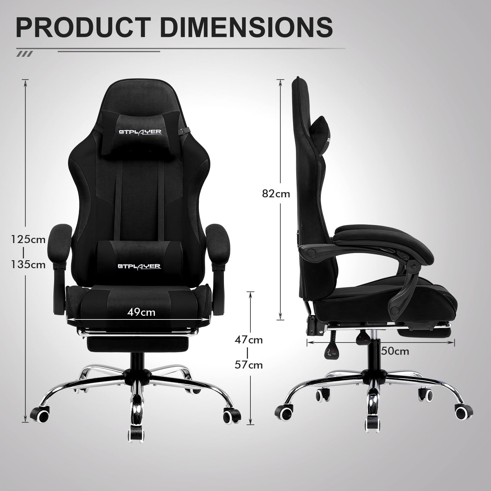 GTPLAYER Sedia da ufficio, da gaming, da gaming, ergonomica, con poggiapiedi, poggiatesta, cuscino lombare, imbottito, sedia girevole in tessuto nero