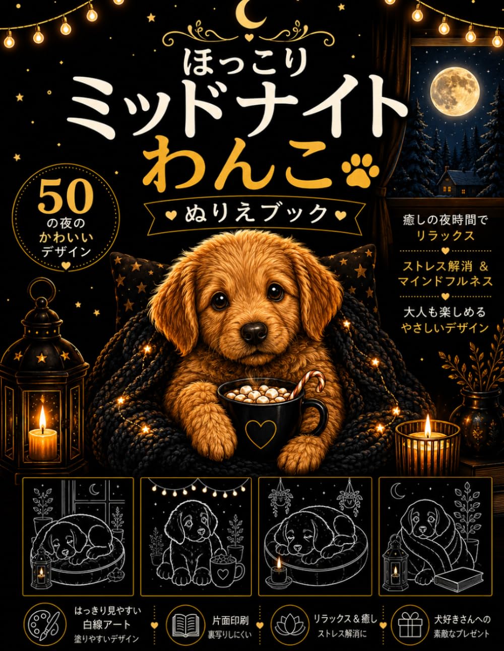 ほっこりミッドナイト わんこ ぬりえブック: 50の夜のかわいいデザインで楽しむ リラックス＆癒しのぬりえ