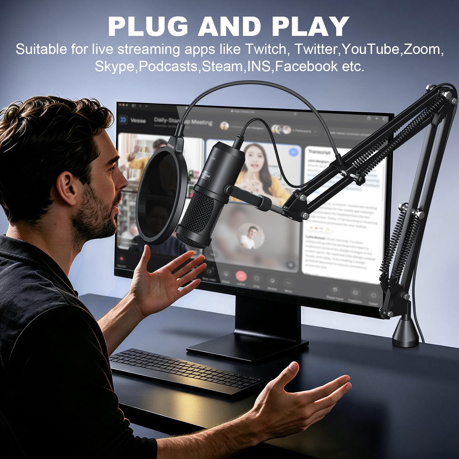 aokeo Microfono USB, 192 kHz/24 bit, set di microfoni per podcast con supporto per microfono, parabrezza, filtro pop, per radio, registrazione, YouTube, podcast