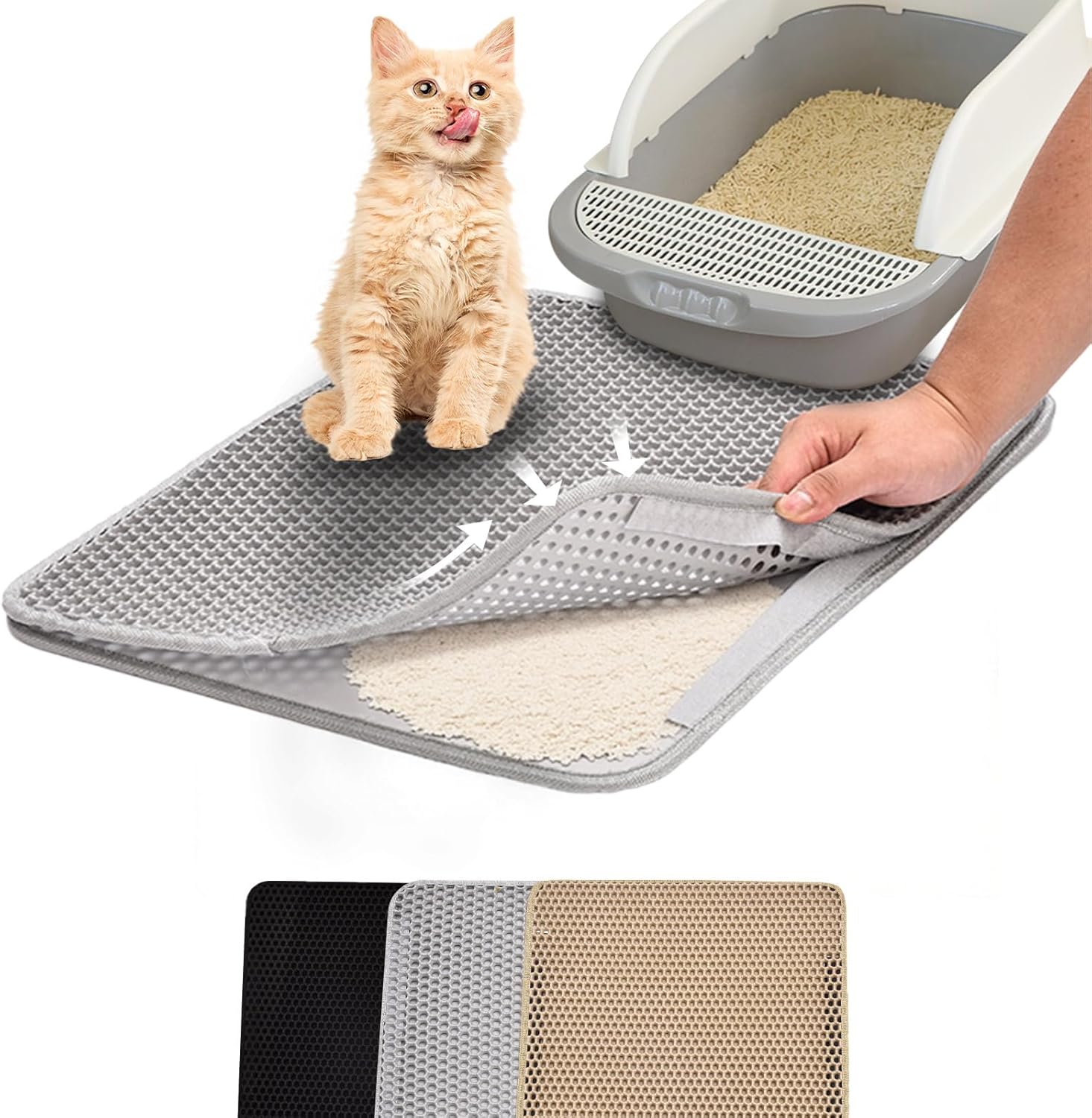 Cat Litter Mat Double Layer Waterproof Urine Proof Trapping Mat, Easy to Clean Litter Box Mat for Small Spaces, 23.6" x17.7"- Non-Slip for Kitty Litter Mat,Gray