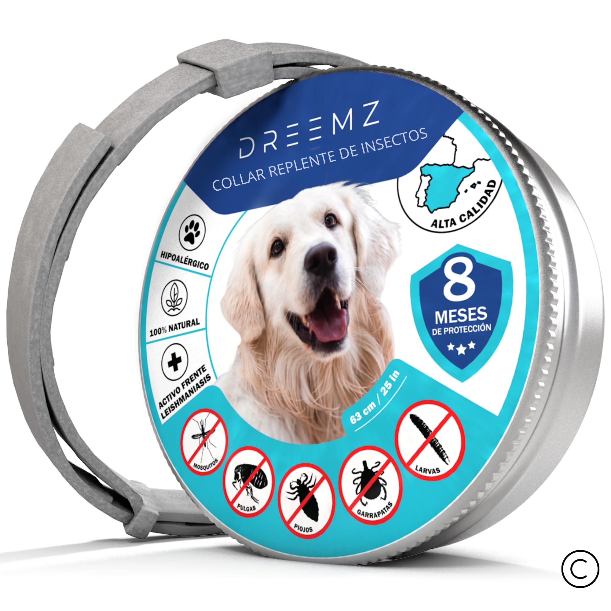 DREEMZ ® Collar Repelente de Insectos Collar antiparásitos contra pulgas, garrapatas y Mosquitos, 8 Meses protección-63cm Ajustable Todos tamaños-100% Natural-Impermeable-1 Gris.