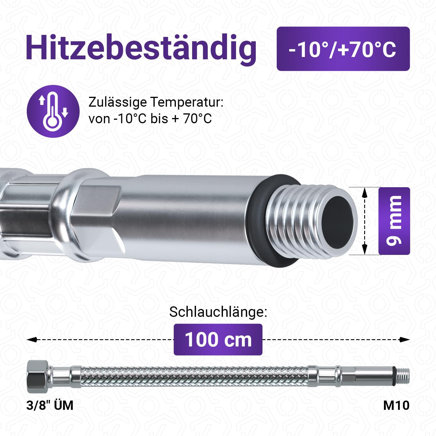 Viоks.pro 100 cm tubo di collegamento 3/8 pollici ÜM x M10 in acciaio inox – Tubo doccia 1 m tubo in gomma intrecciato – Tubo flessibile per rubinetto 3/8 pollici