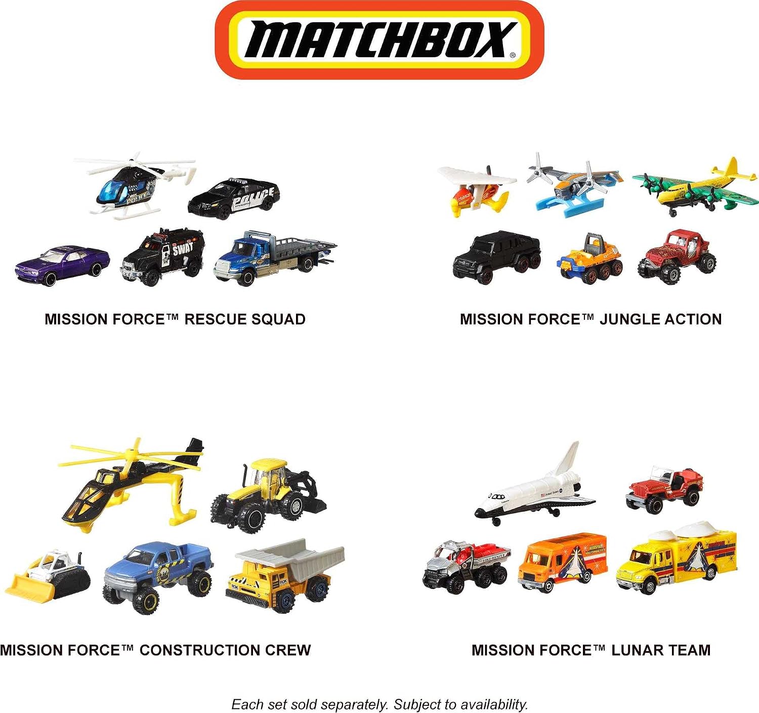Matchbox Mission Force Jungle Action Play Pack and Construction Crew Assortment Themed Story-in-A-Box Multiple Vehicles Different Segments Adventure and Construction Themes