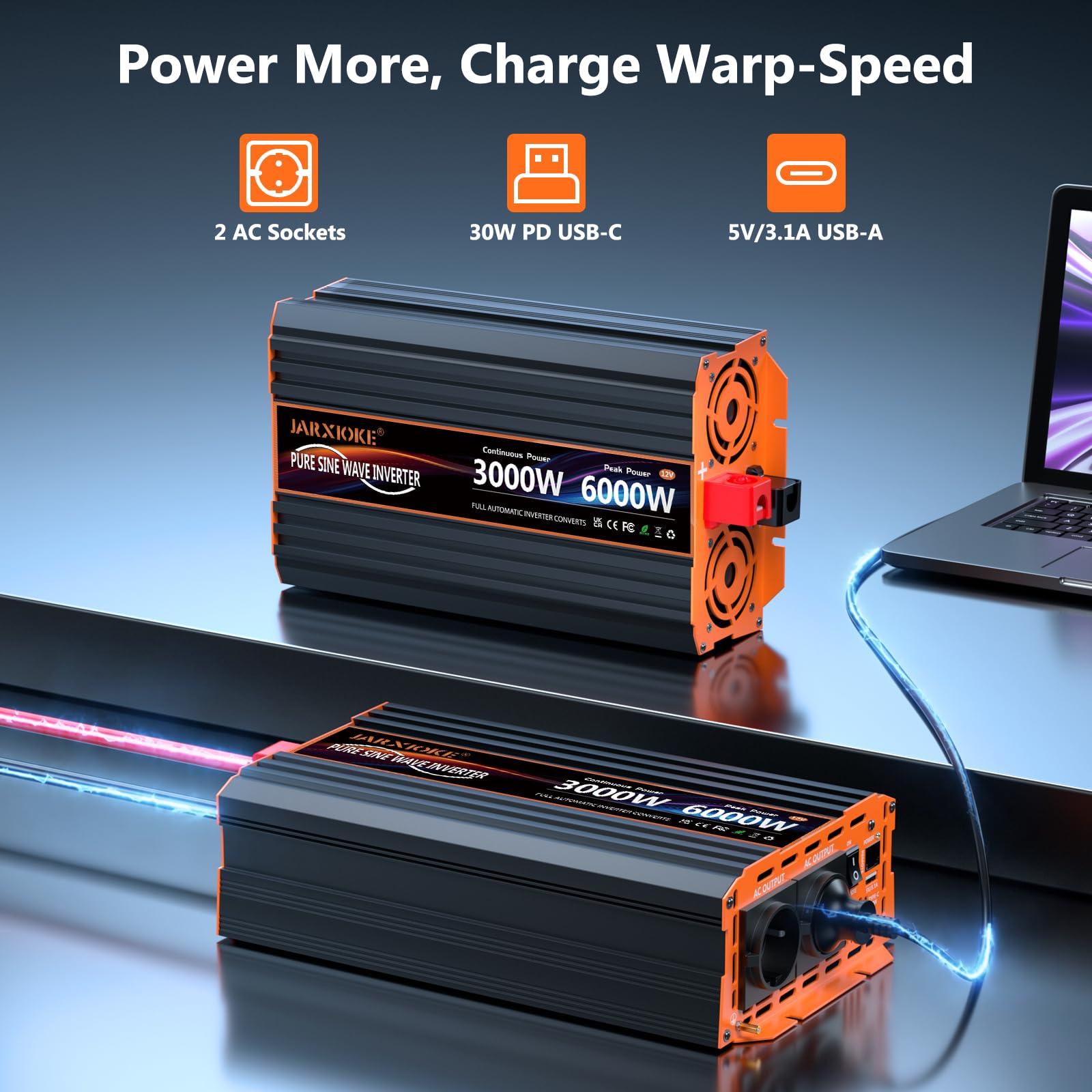Przetwornica napięciowa 3000 W, 12 V na 230 V, czysty sinusoidalny konwerter z 2 gniazdami UE, 30 W USB-C, 5 V 3,1 A USB, pilot LCD, do przyczep kempingowych, ciężarówek, energii słonecznej, moc