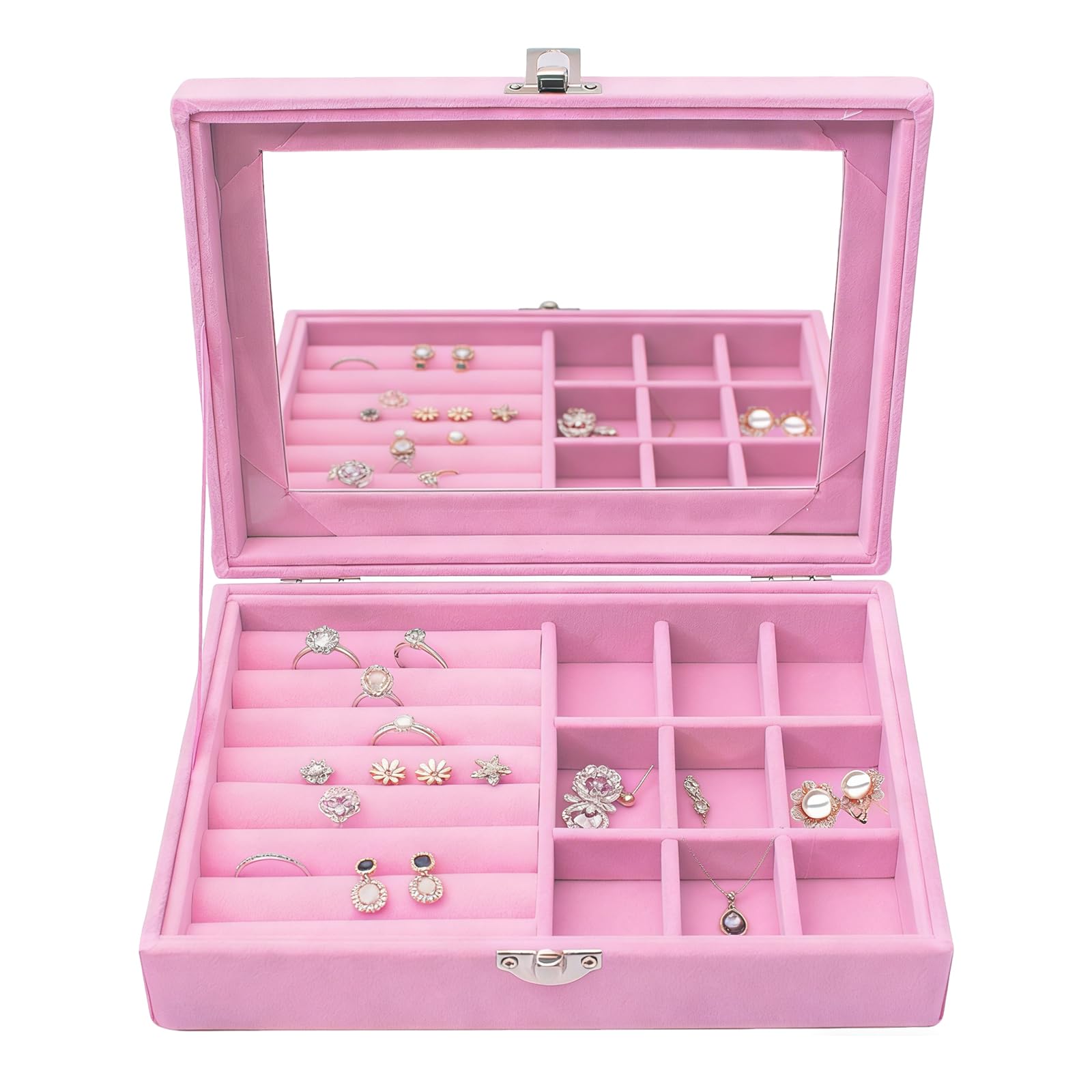 Duzapku Women's Pink Velvet Jewellery Box, 9 Grid Ring Box, Earring Storage Organiser With Clear Lid Lockable For Girls Jewellery Display Showcase