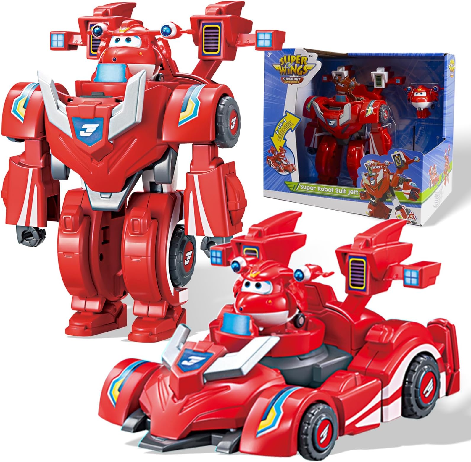 Transformable Toys, 7" Super Robot and 2" Mini Jett Transforming Suit, 2 in 1 Racing Car-Robot Action Figure for Boys and Girls Age 3+, Gifts for Preschool Kids, Red