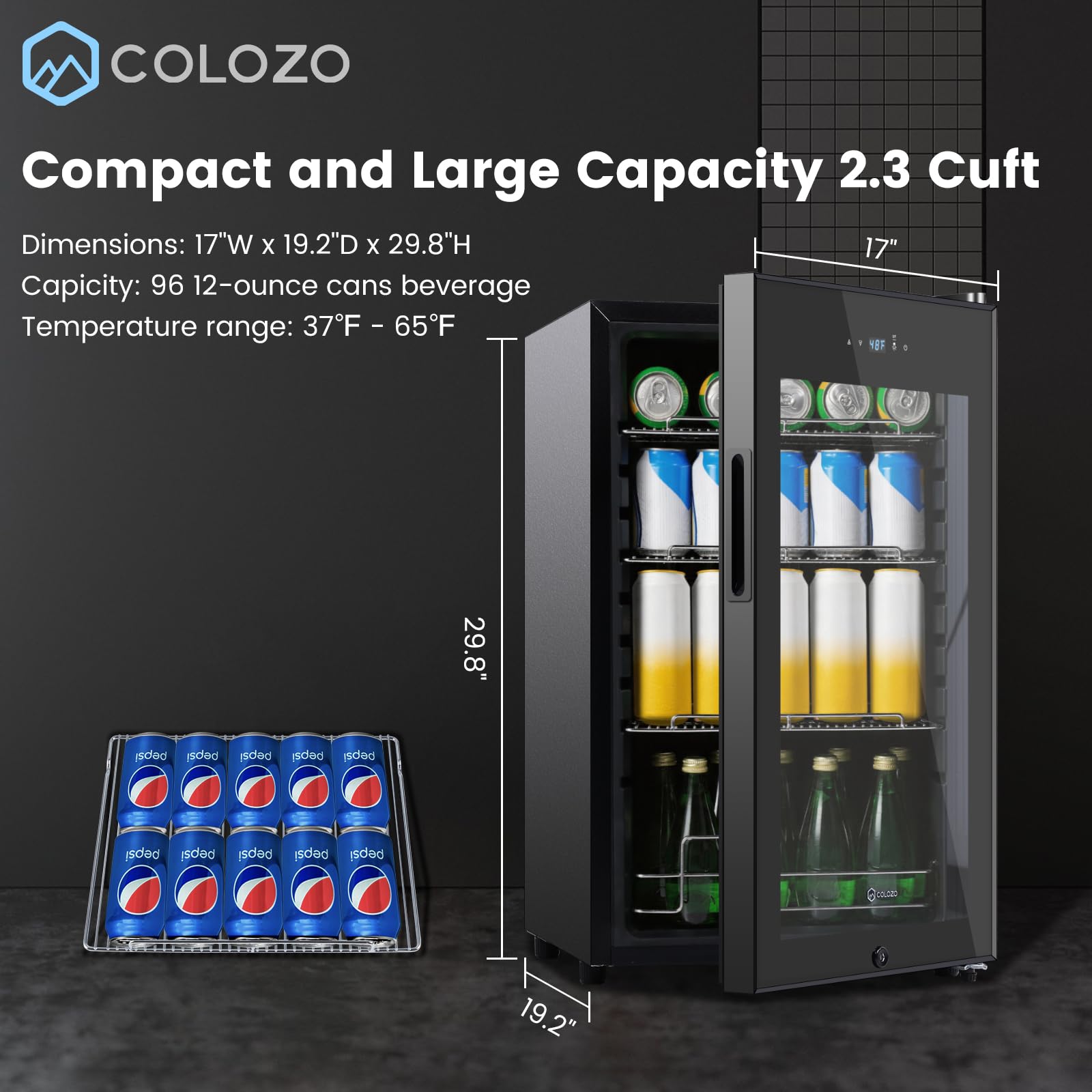 Colzer 17 Inch Black Beverage Refrigerator Cooler, 96 Cans Mini Fridge With Glass Door&Lock, Beer Fridge For Soda Water Or Wine, Drink Refrigerator For Home Office Bar Bedroom on Fridge.com - View 4