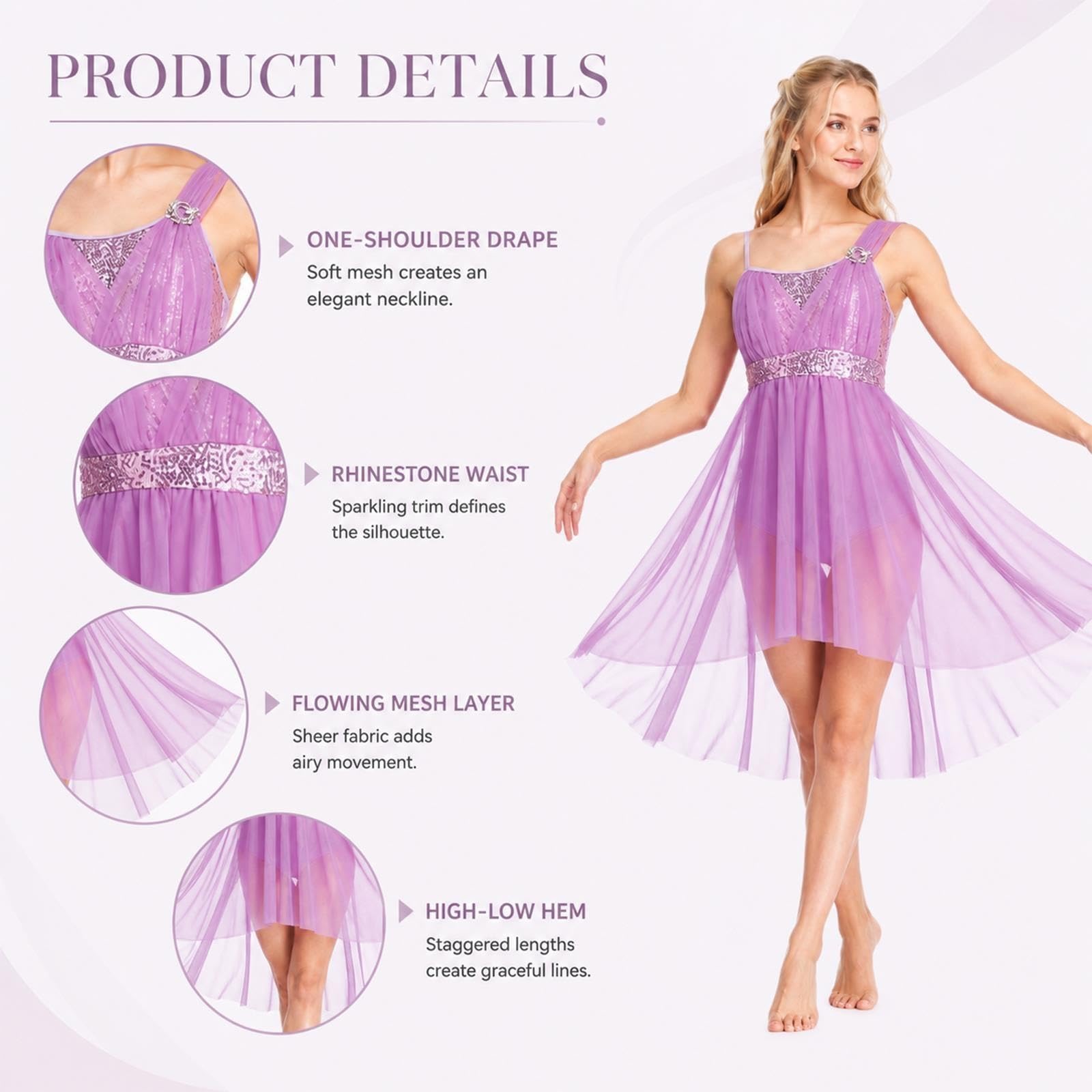 Abito da danza lirica donna e teen, body asimmetrico con paillettes