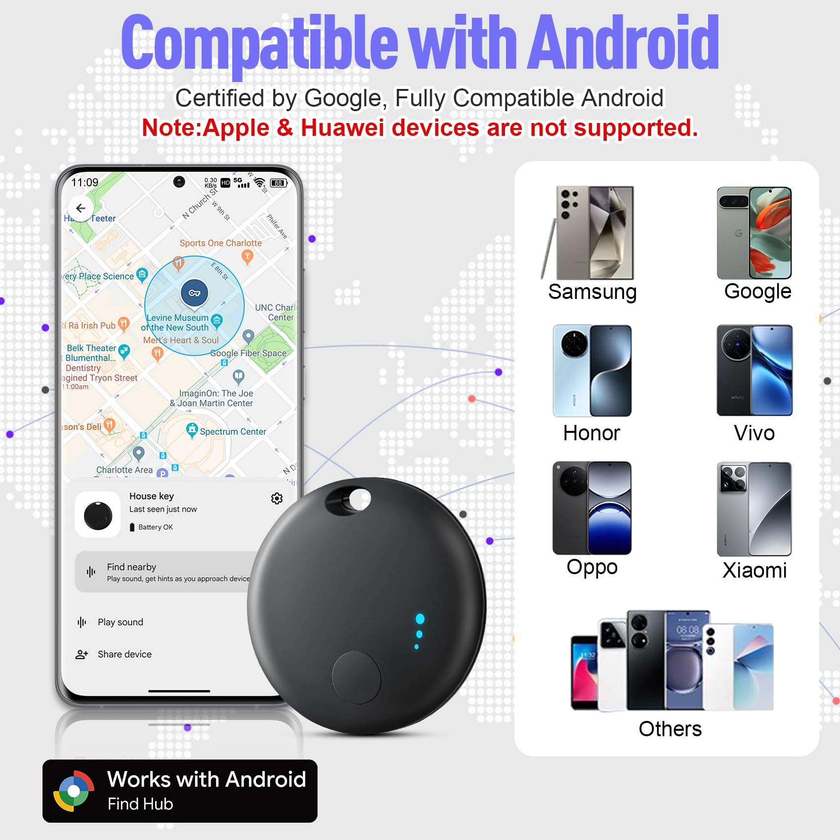 Lot de 2 traqueurs d'air pour Android, lot de 2 étiquettes de suivi Bluetooth compatibles avec l'application Google Find Hub, localisateur de clés intelligent pour clés, portefeuille, sac, bagages