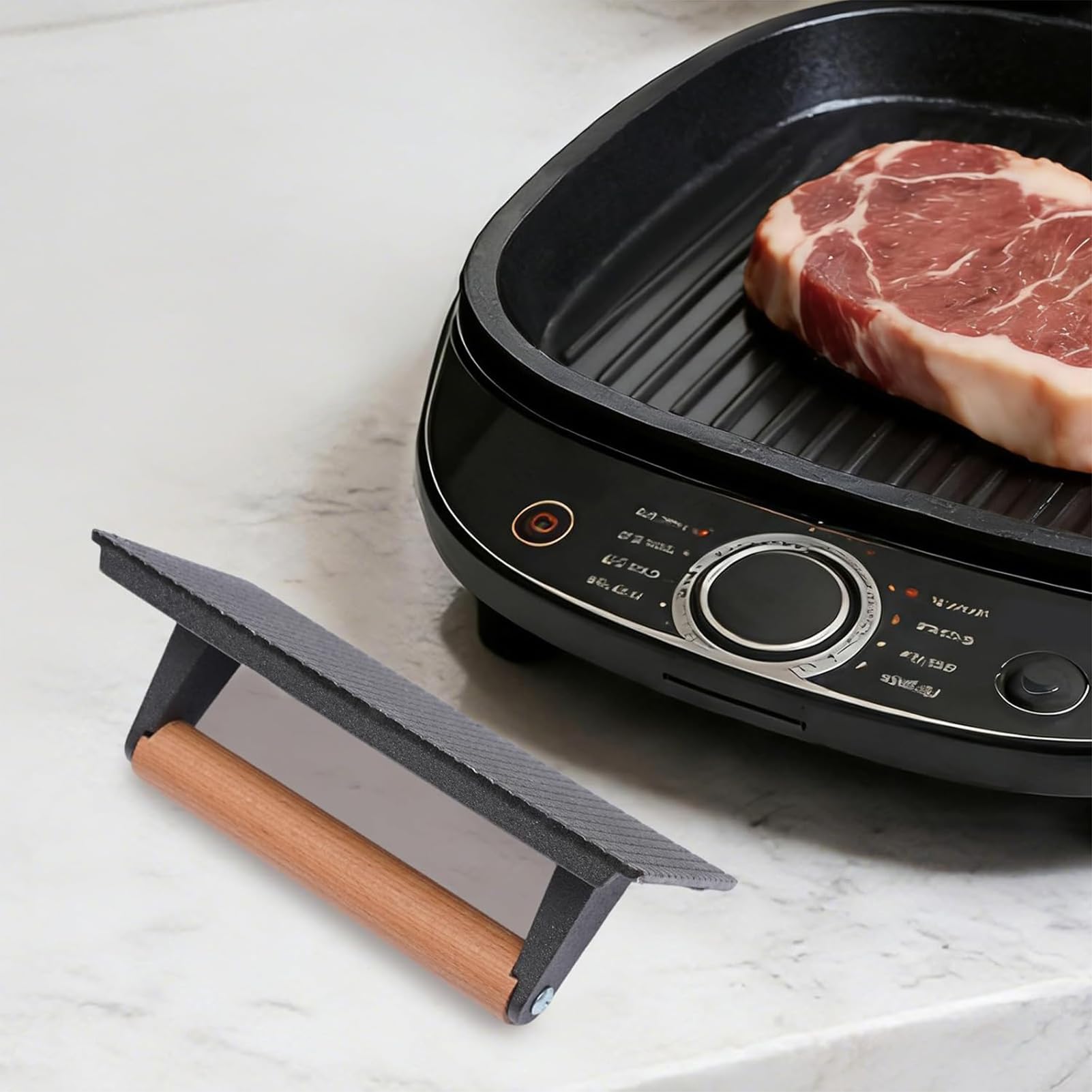 Prensa para Hamburguesas de Acero Inoxidable, Prensa de Filete de Alta Resistencia con Mango de Madera, Prensa de Carne Cuadrada de Silicona, Adecuada para Tocino,B