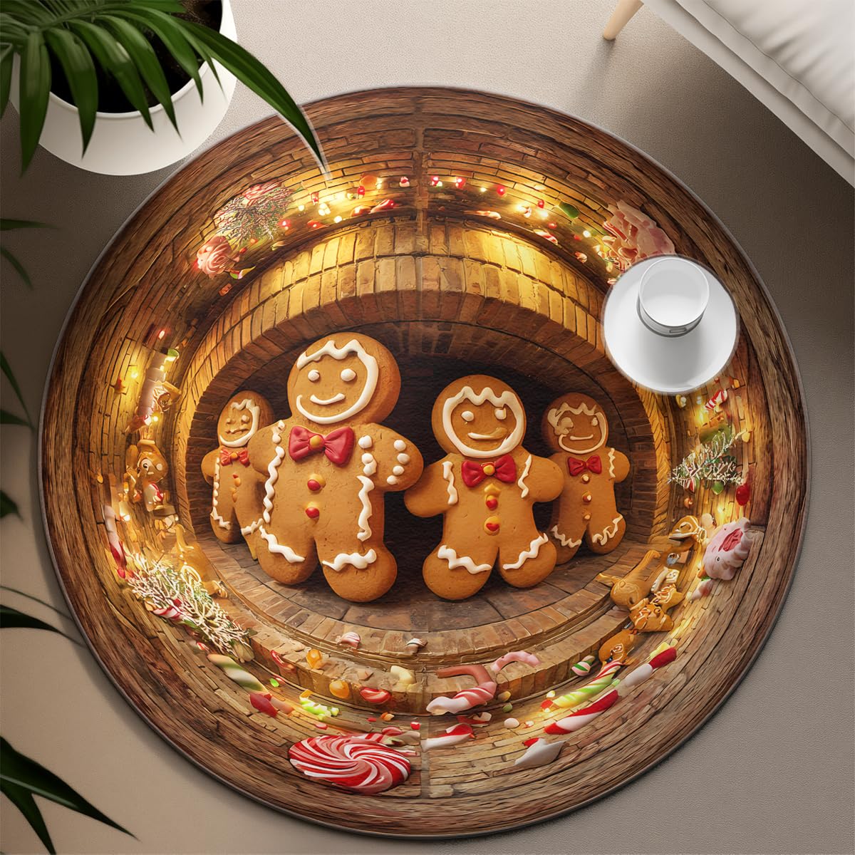 Tapis Ronds Style Ferme 100cm Motifs de Biscuits de Biscuit Man Tapis Circulaire Pliable Pliable antidérapant et Lavable antidérapant pour Salle à Manger