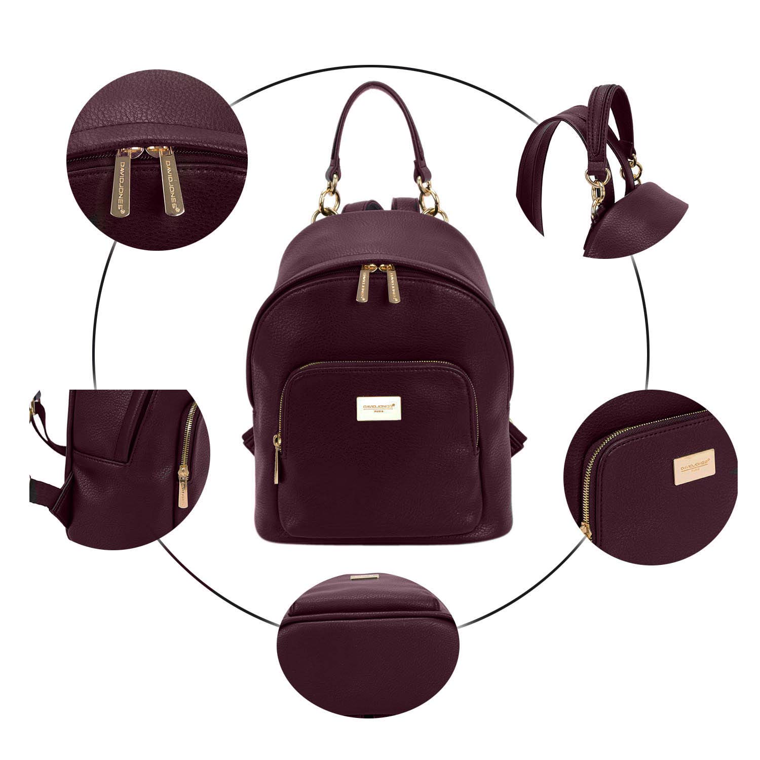 David Jones - Petit Sac à Dos Femme - Sac à Main Porté Epaule Fille Cuir PU - Mini Cartable Ville Poignée Poche Fermeture Eclair Zip - Fashion Backpack Mode Jeune Tendance Chic Designer - Rouge