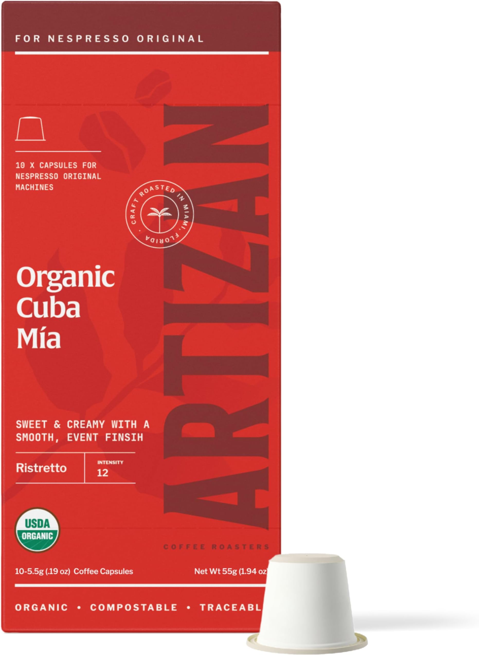 Artizan Coffee USDA Organic Espresso Coffee Capsules For Nespresso Original | Cuba Mia | 120 Compatible Compostable Pods