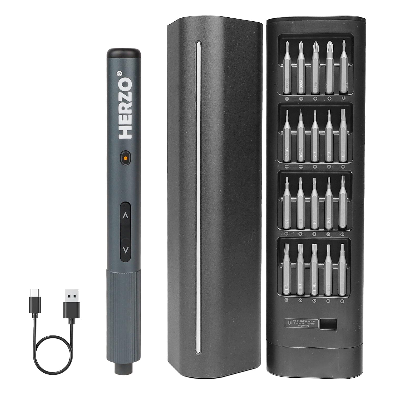 HERZO Mini Tournevis Électrique de Précision, MAX Couple Électrique 0,2 Nm & Manuel 3 Nm, Set 20 Embouts Magnétiques, Recharge USB-C, pour Téléphone, Ordinateur Portable, Montre, Caméra