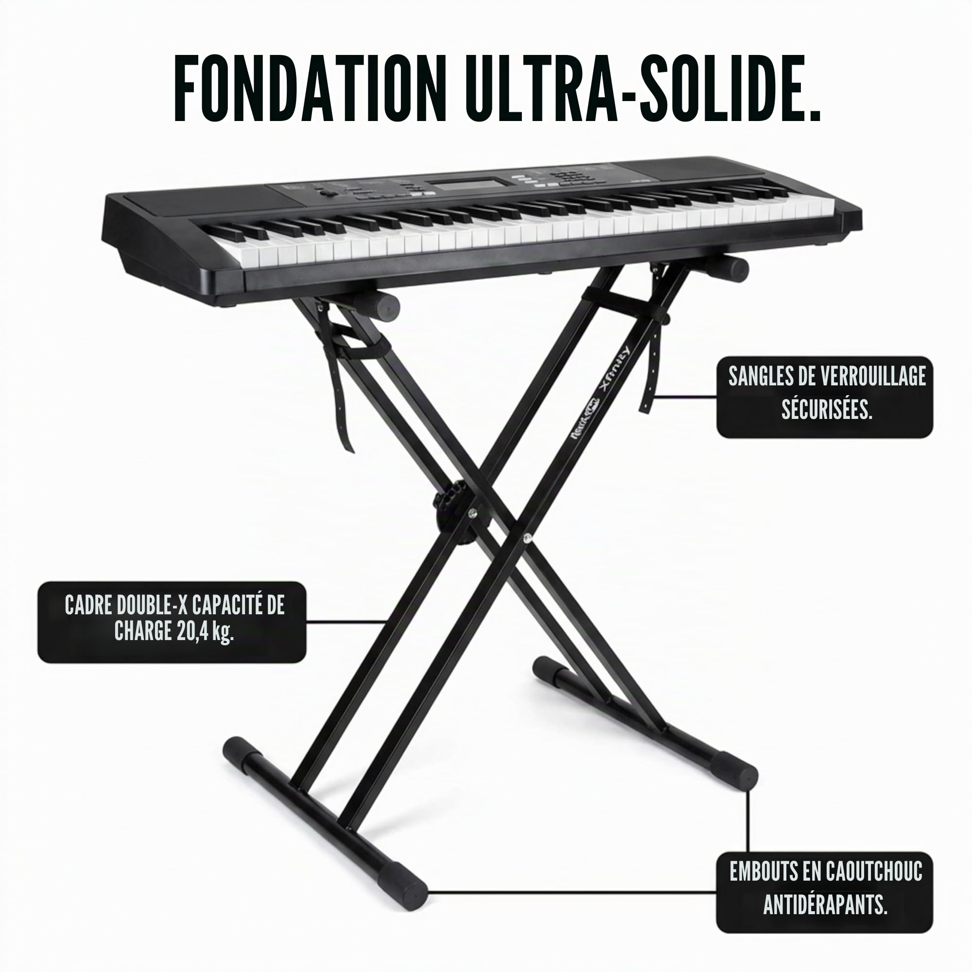Windsor RockJam RJXX363 Xfinity Support de Clavier Robuste, Support Piano Numérique Double X Réglable, Déverrouillage Rapide, Verrou de Sécurité et Sangles