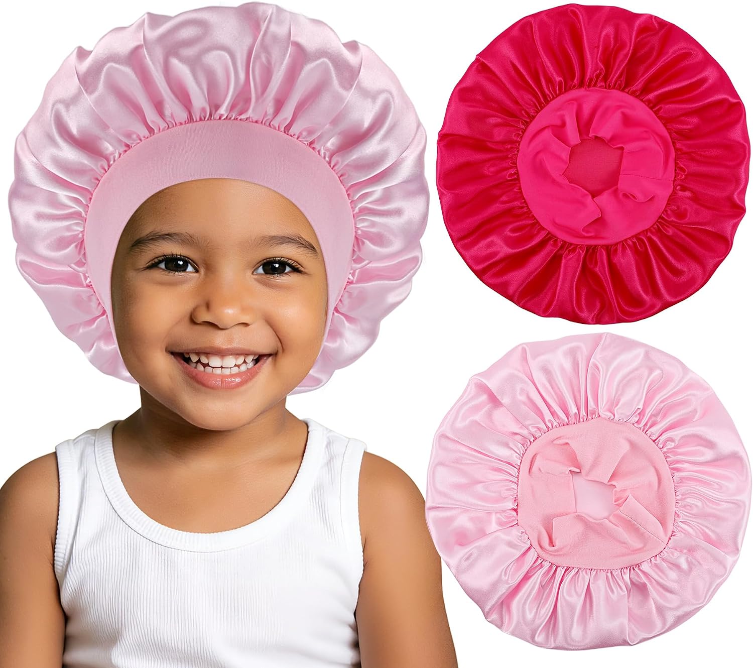 2 PCS Baby Bonnet, 11 Inch Kids Satin Bonnet, Child Hair Bonnets Sleeping Cap with Wide Band, Soft Kids Bonnets Solid Color for Natural Curly Hair Teens Toddler(Pink+Rose Red)