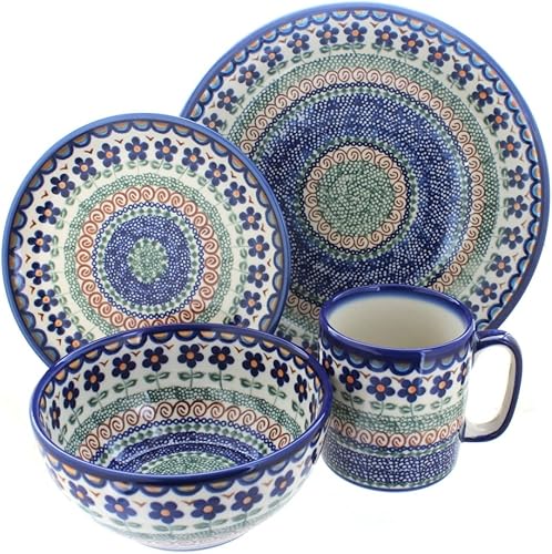 Juego de vajilla de 16 piezas con diseño de flores aztecas de cerámica polaca de rosas azules