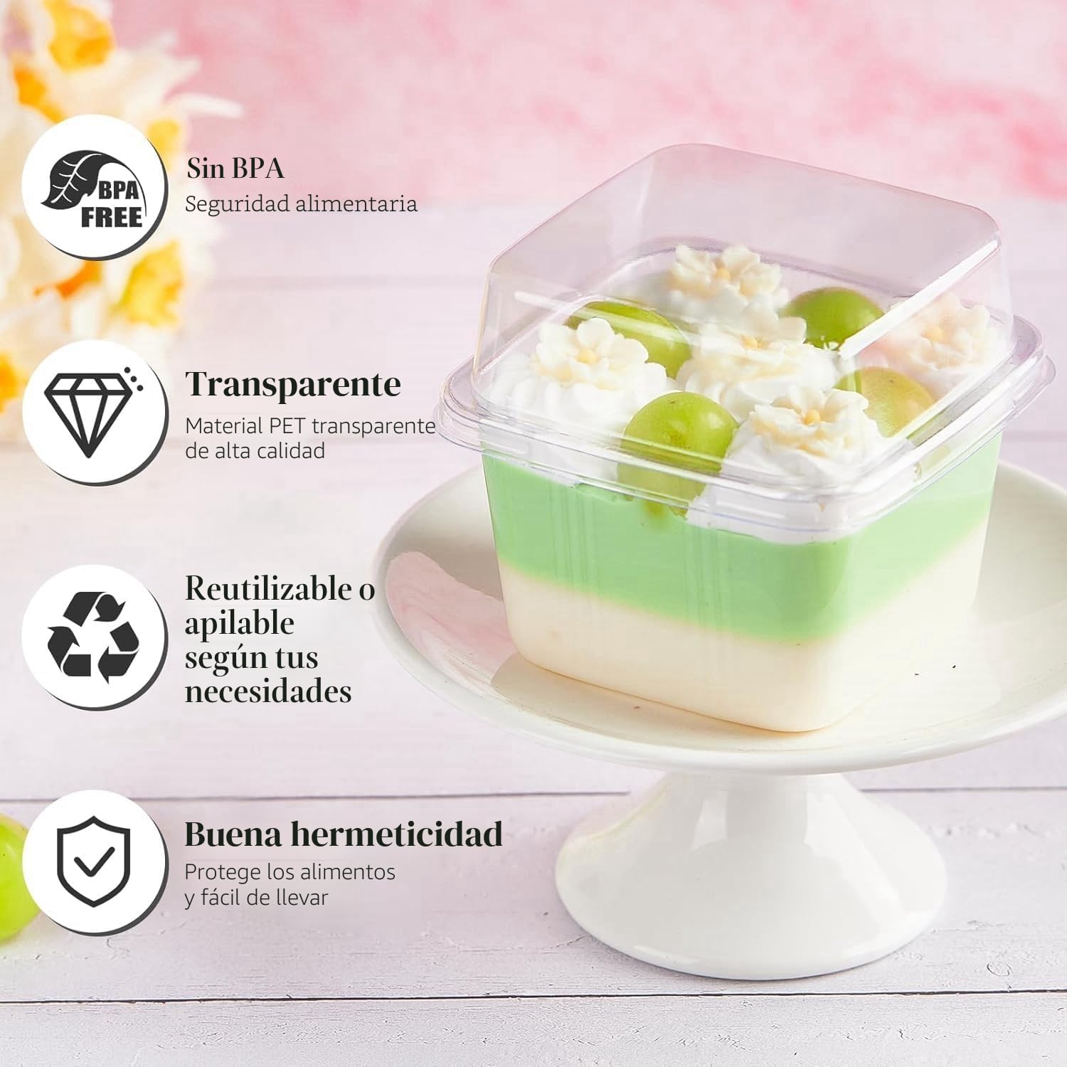 LATERN 50 Piezas Tazas de Postre de Plástico con Tapas, 360ml /8oz Cajas Cuadradas Copa de Aperitivo de Parfait Transparente Cuenco para Servir Reutilizable con Tenedores para Fiesta de Mousse Tartas