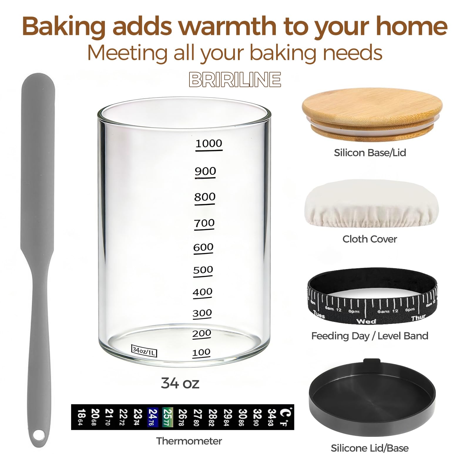 BRIRILINE Pro Sauerteig-Brot-Starter-Set, 963 ml, Sauerteigglas mit 5 einzigartigen Funktionen für das perfekte Sauerteig-Brot und Sauerteig-Starter-Set, Backzubehör (1 Packung) (963 ml, 5er-Pack)