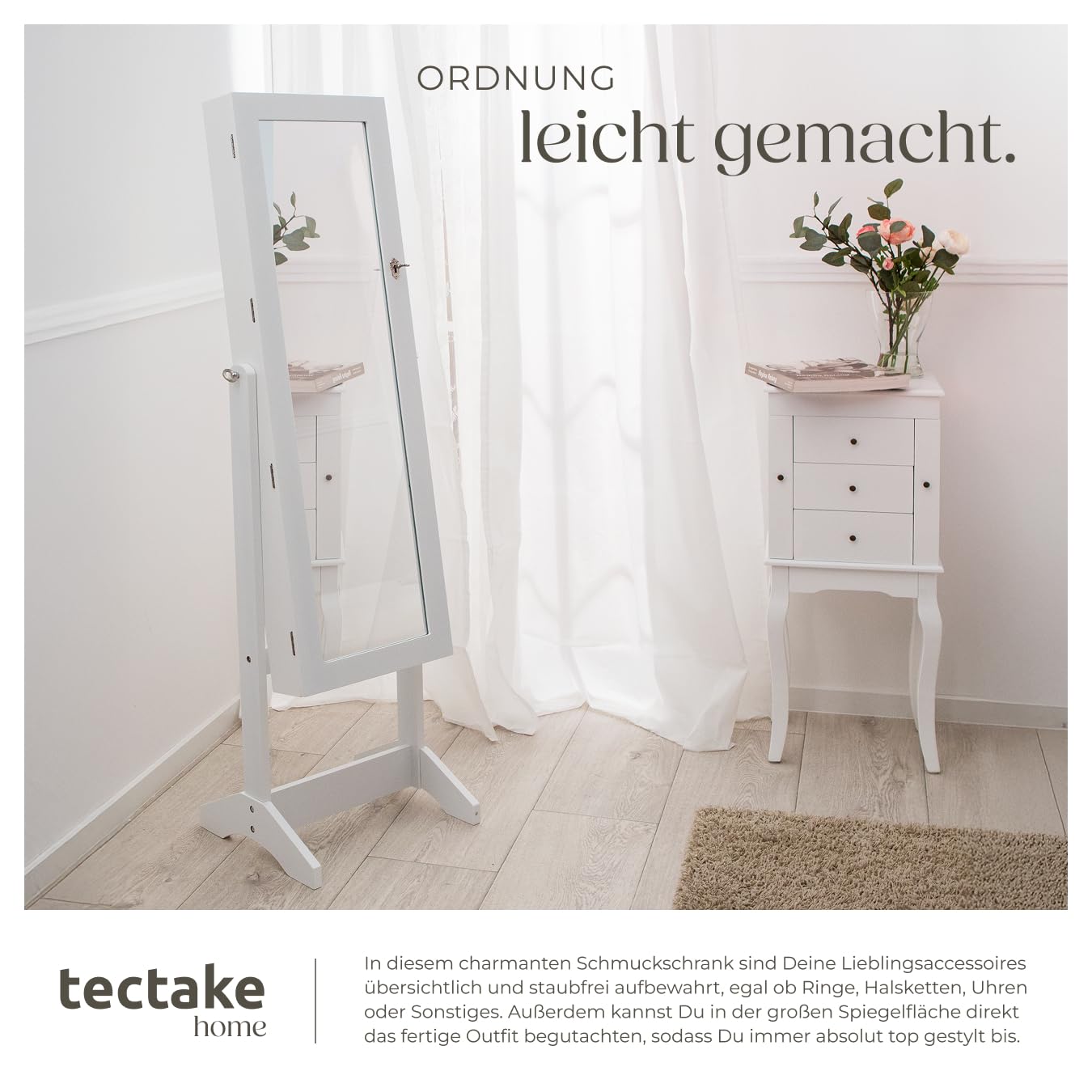 tectake® Schmuckschrank, Standspiegel mit Schmuckkasten, Spiegel groß mit Schrank Organizer für Schmuckaufbewahrung, Schmuck Organizer Geheimversteck Schrank Schlafzimmer - Weiß
