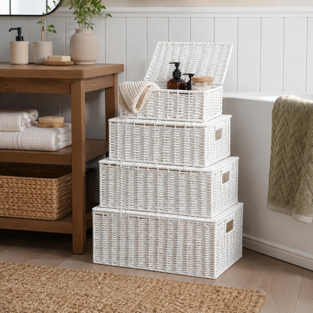 Homezone White Set Of 4 Woven Paper Rope Storage Baskets With Lids – Decorative Nesting Storage Boxes With Handles, Gift Hamper Baskets For Bathroom, Bedroom, Nursery & Home Organisation