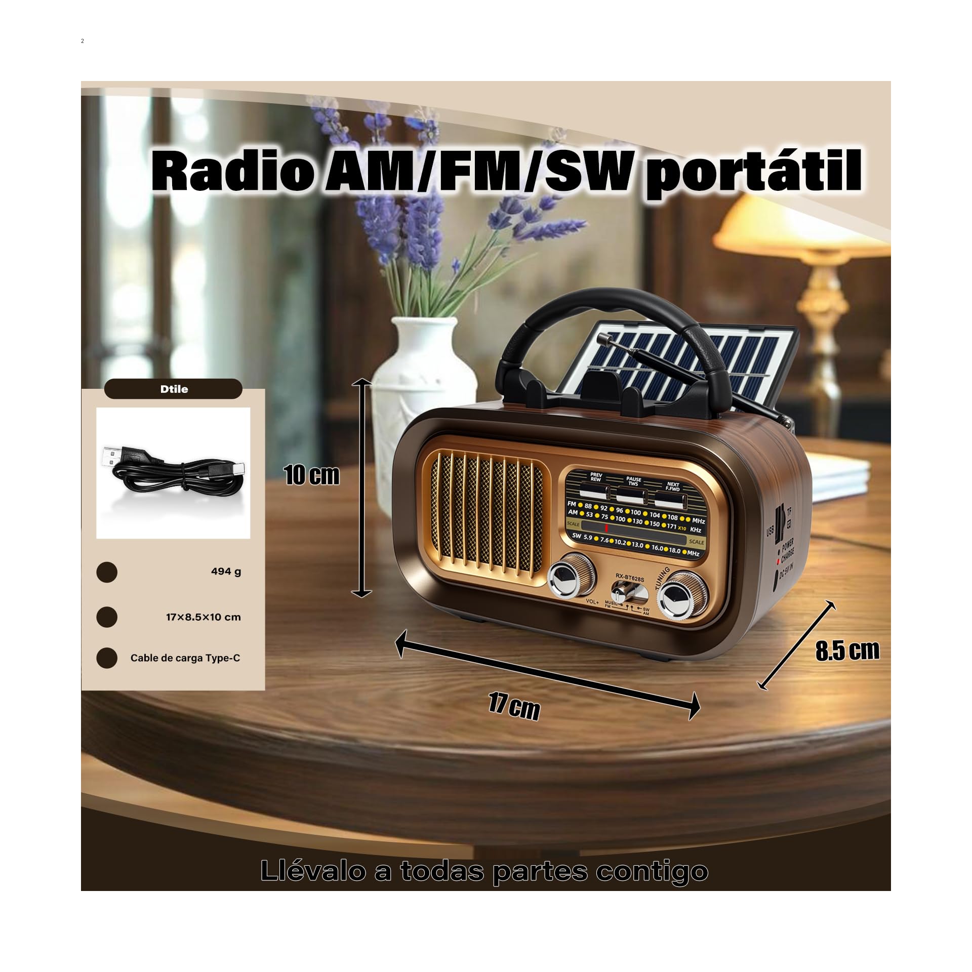 Radio Portatil Pequeña, Am/FM/SW Transistores Radio con Panel Solar, Radio Bluetooth Retro Alimentada por Baterías Recargables de 1200mAh o Pilas D, Radio FM Soporta USB/Tarjeta TF/TWS