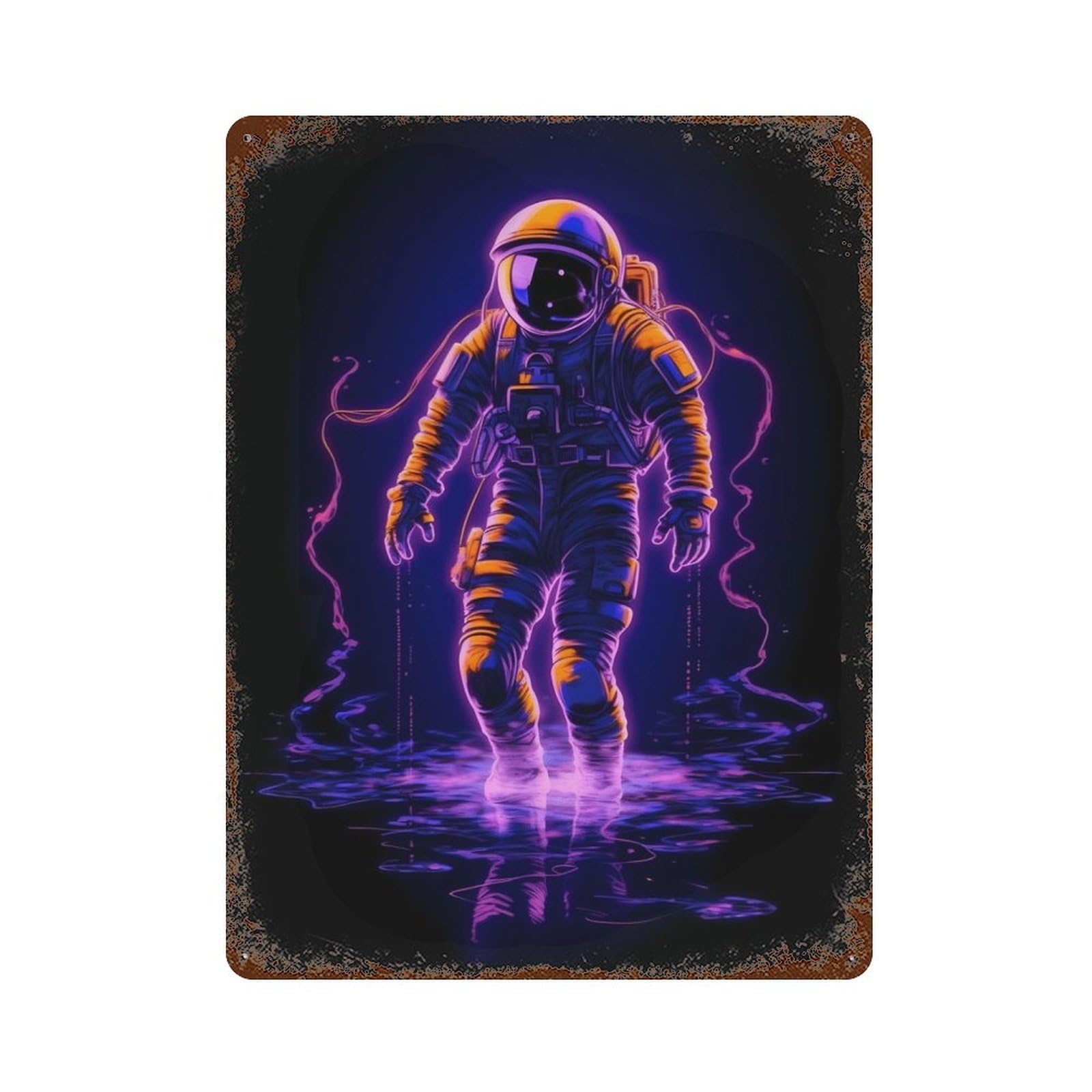 Vintage Rust Metal Sign Neon Astronaut 15.7"x11.8", Shabby Chic Decor for Cafe, Home Bar And Lounge Decor