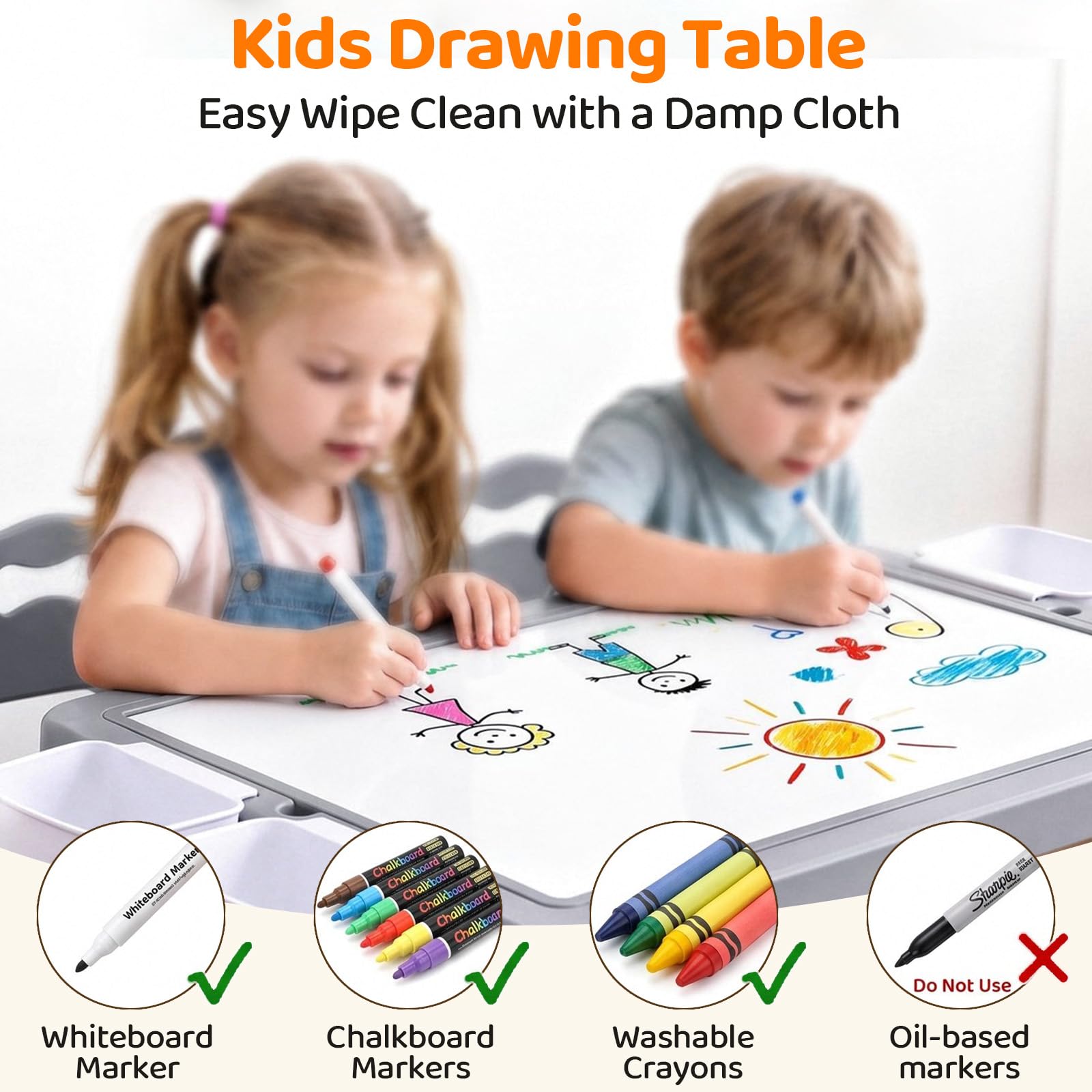 MAMIZO Kindertisch mit 2 Stühlen, kindertisch stauraum & Wendeplatte,Grau | Tisch Stuhl höhenverstellbar & 88 x 63cm Graffiti-Tischplatte & Baustein Tisch Stuhl Set ,Aktivitätstisch Kinderzimmer Schule