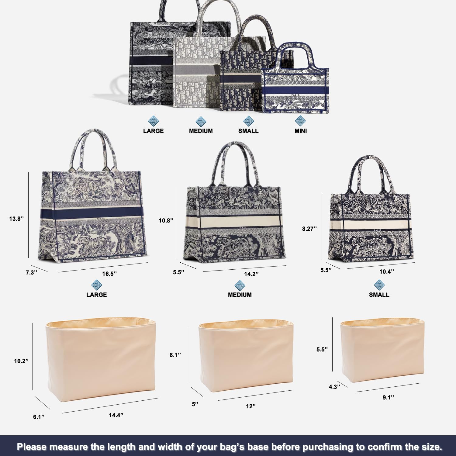 Volcuna Nylon Water-Repellent Purse Organizer with Base Shaper for Dior Book Tote Handbag (Beige, Medium)