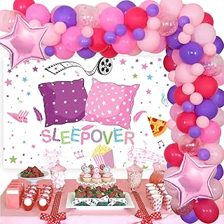 Sleepover Party Decorations for Girls Pajama Party Decorations Sleepover Backdrop for Girls Women Teens Adults Hot Pink Balloon Garland Kit for Pajama Slumber Ladies Night Party Supplies