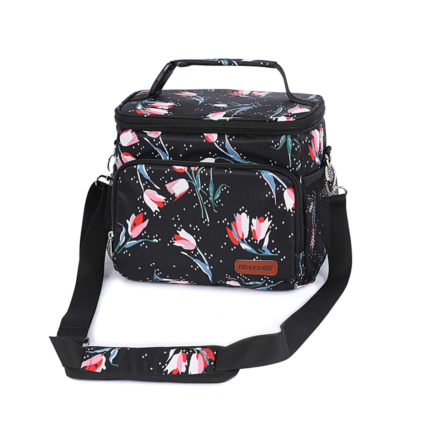 FANDARE Moda Borsa Termica Isolante Pranzo al Sacco Borsa da Picnic Borsa frigo Acquisti Auto Borsa a tracolla per Campeggio Nautica Spiaggia Pesca Scuola Lavoro Lunch Bag Poliestere Nero C
