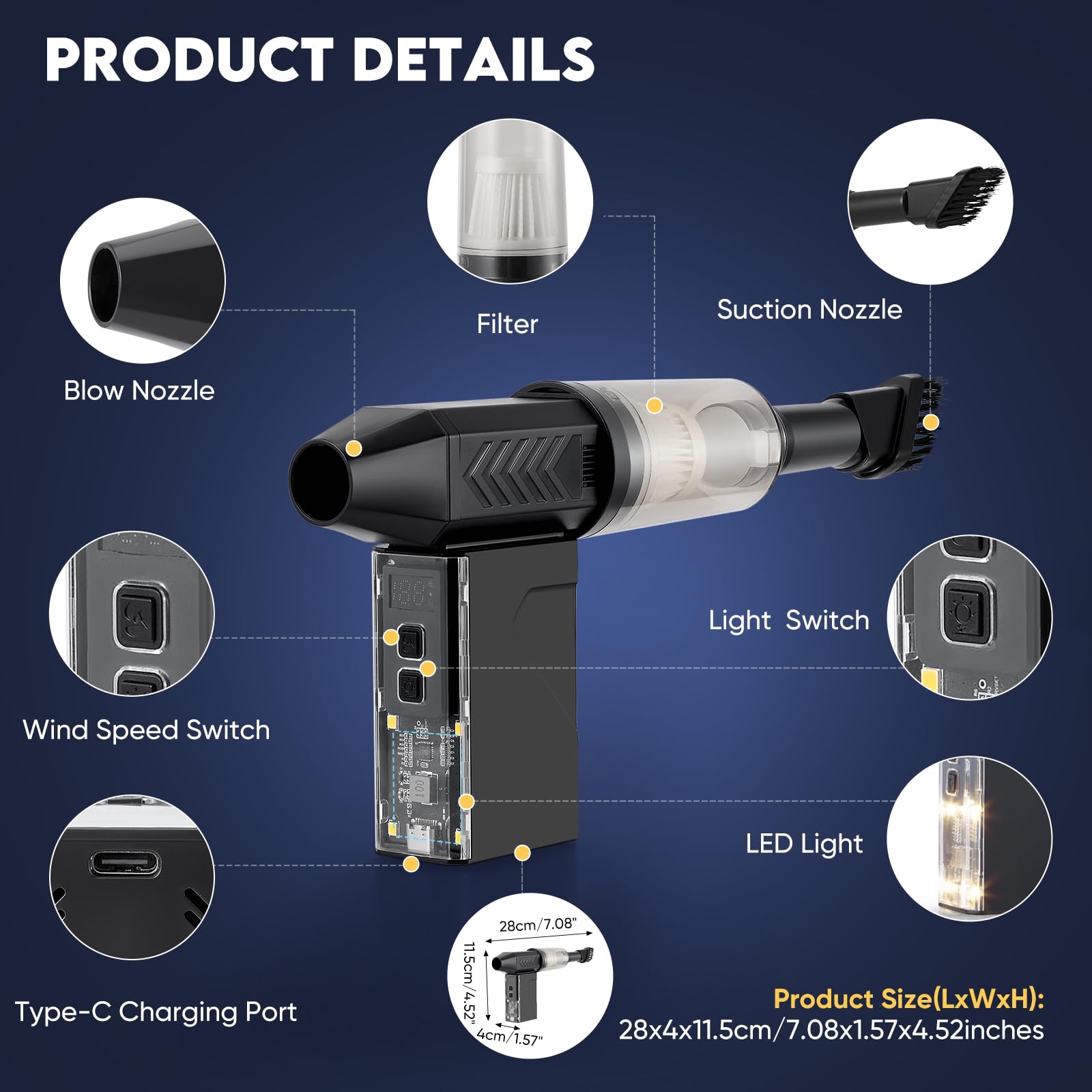 Sunowl Soffiatore Aria Compressa, 2 in 1 Aria Compressa Elettrico con 130000 RPM Super Power 1-100% Regolabile, Elettrico Air Duster con Ricarica Rapida, Luce LED per Computer, Tastiera, Auto, Divano