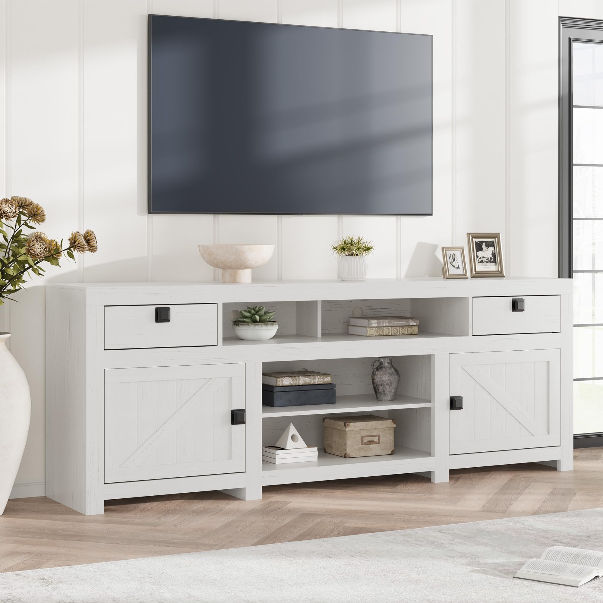 GarveeHome Farmhouse TV Stand for 80 in TVs, Long Entertainment Center with 4 Storage Drawers & 3 Open Shelf, White Television Consoles Stands for