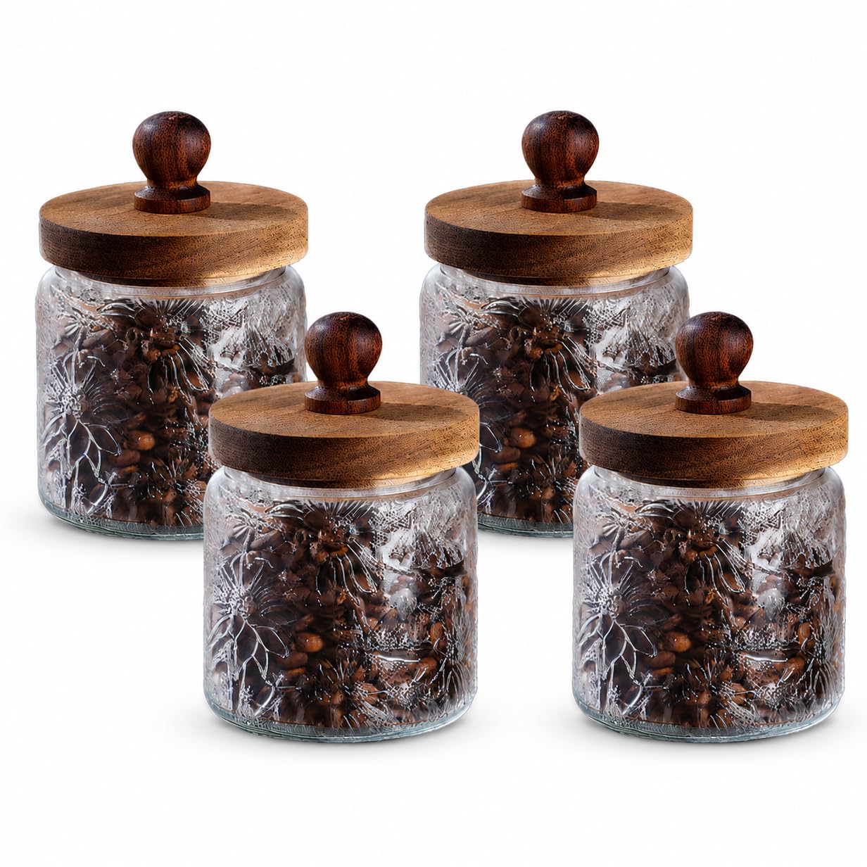 Set di 4 barattoli in vetro vintage con coperchi e manici ermetici in legno, 479 g, per caffè, tè, caramelle, farina, zucchero, dispensa da cucina (4, motivo ramo finale)