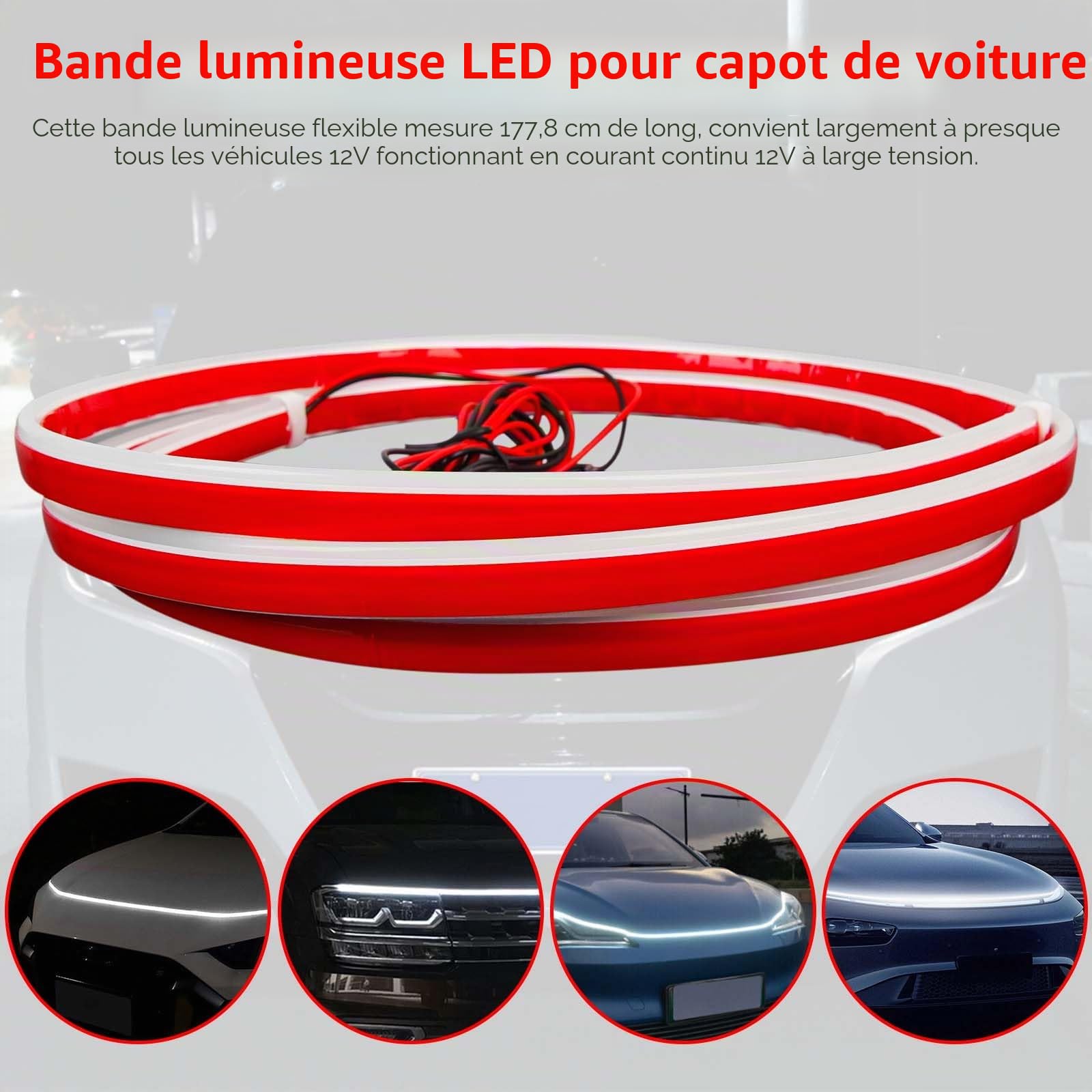 DREAMIZER Bande lumineuse LED dynamique et étanche pour capot de voiture de 180 cm, feux de jour blancs flexibles et accrocheurs pour voitures, SUV et camions