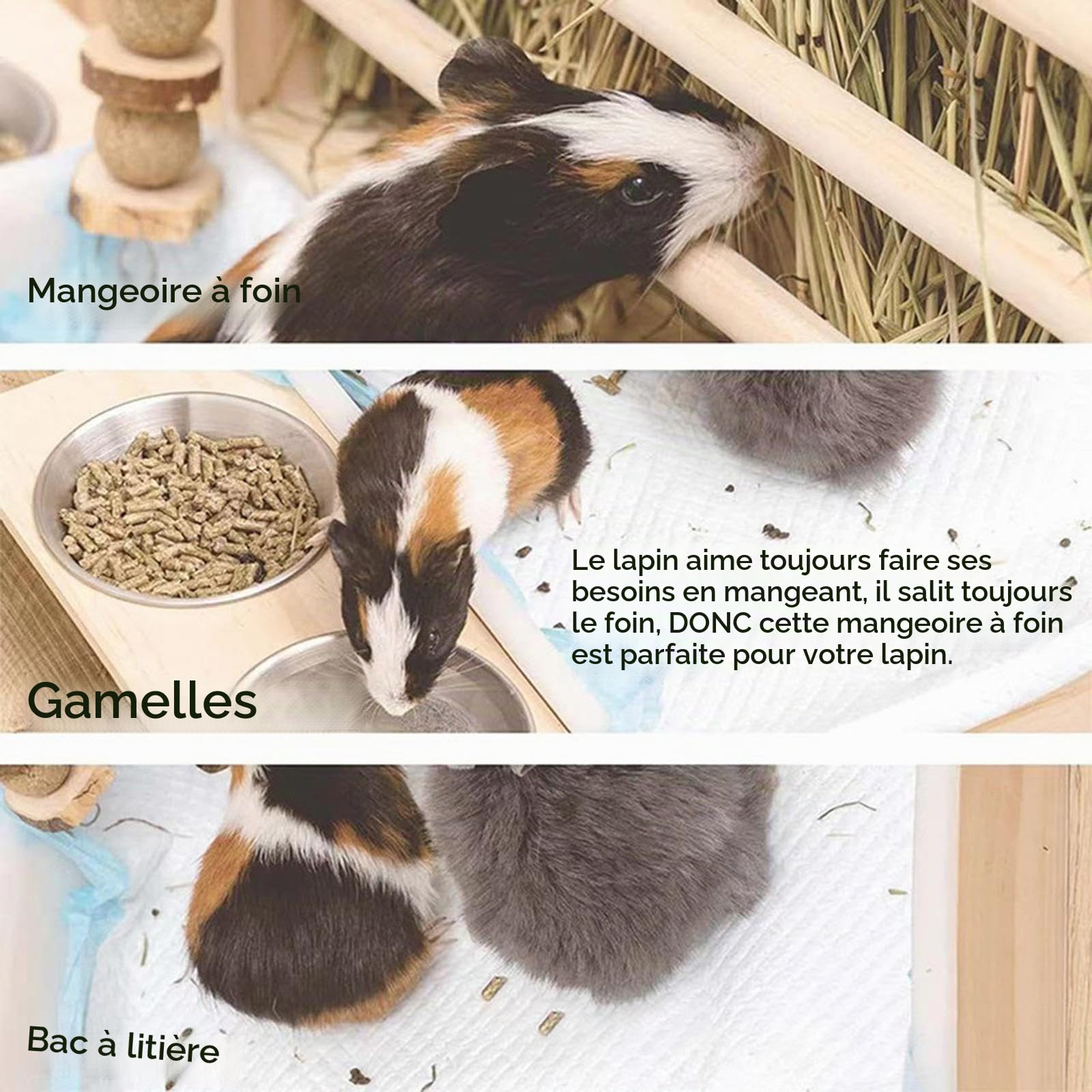F Fityle 3 en 1 Mangeoire à Foin de Lapin avec Bac à Litière, Mangeoire Multifonction Facile à Nettoyer en Bois, Jouet de Recherche de Nourriture pour Lapin/Cobaye/Chinchillas/Hamster